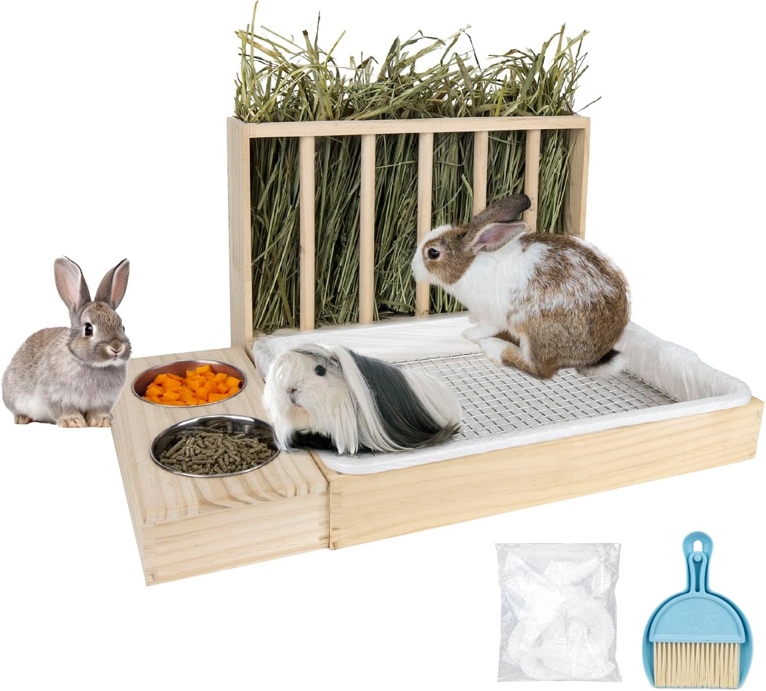 BESNEW 3 in 1 Rabbit Hay Feeder with Litter Box,Upgraded Wooden Hay Feeder Set for Guinea Pig Chinchilla Bunny Other Small Animals,Quick Cleaning & Large Capacity & Preventing Waste