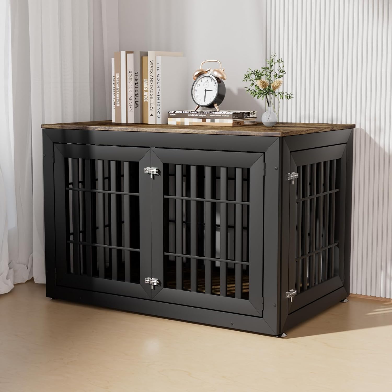 48 Inch Heavy-Duty Dog Crate Furniture, Decorative Wooden End Table Kennel with Waterproof Top & Wide Metal Tubes, for Large & Extra Large Dogs, Black + Rustic Brown