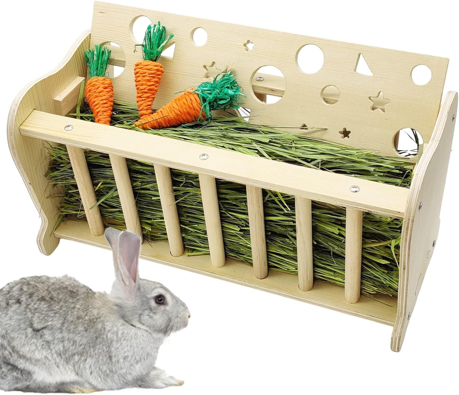 Hamiledyi Wooden Small Animal Hay Feeder – Rabbit, Guinea Pig, Chinchilla Cage Accessory, Hay Saver Rack & Dispenser for Small Pets