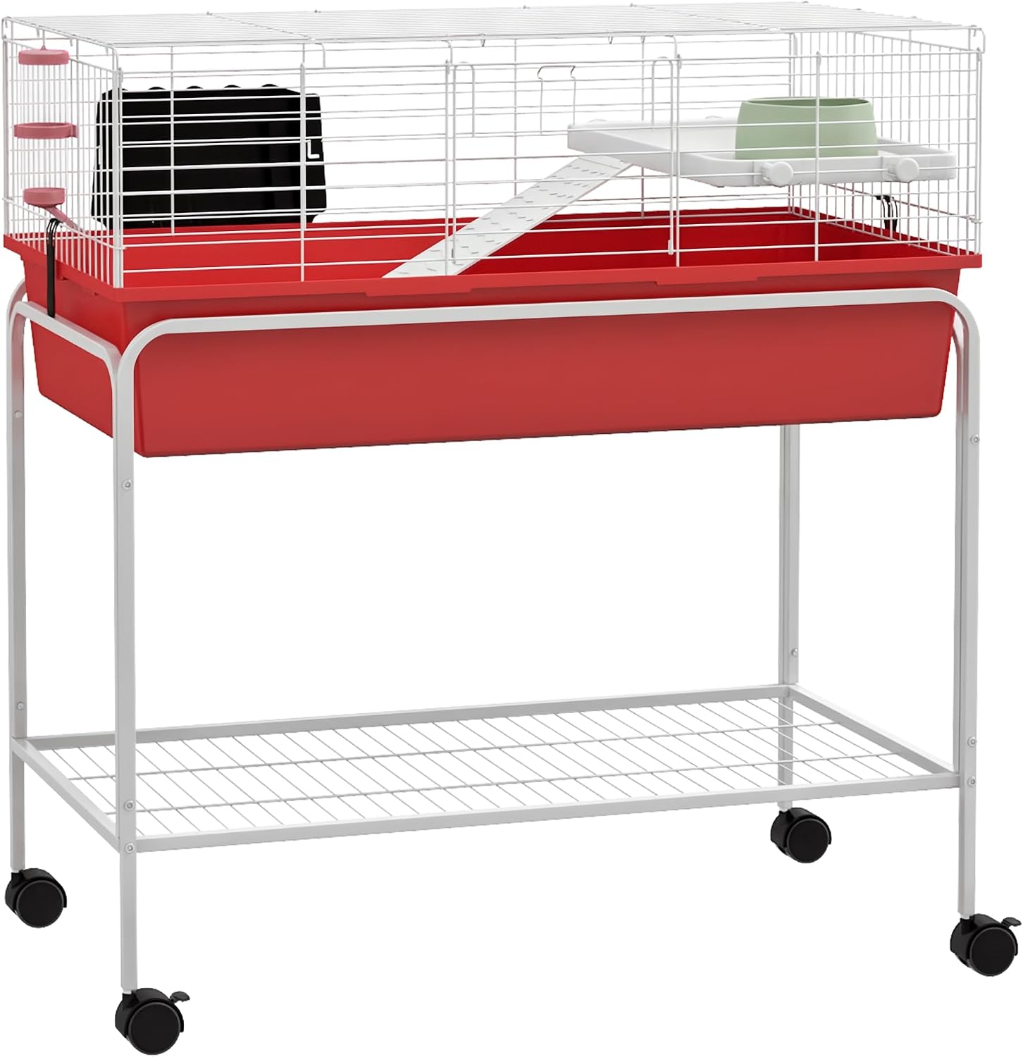 PawHut Two-Story Small Animal Cage Removable from Stand, Guinea Pig Cage with Shelf & Wheels, Pet Habitat for Hedgehog, Chinchilla, Ferret, 33″ x 18.5″ x 35″, Red