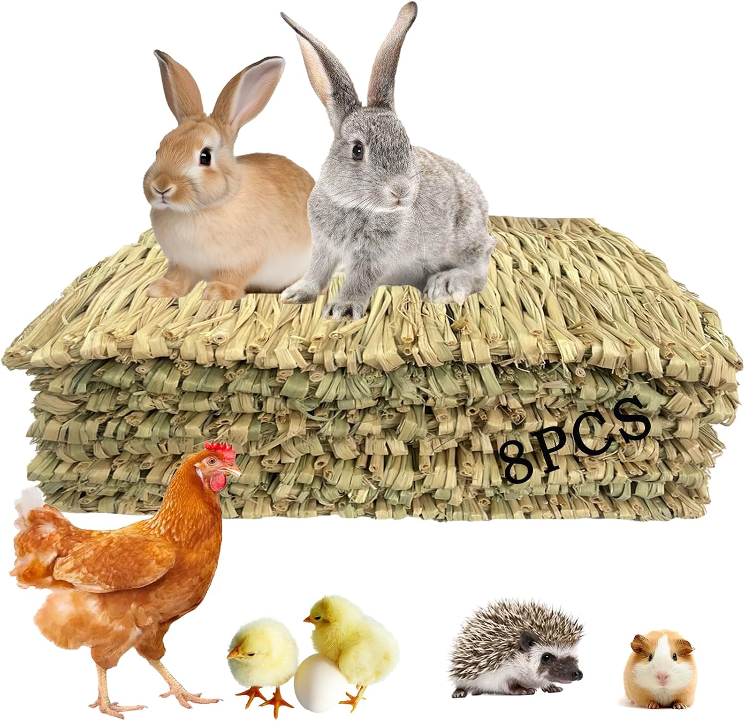 8 PCS Rabbit Grass Mat,Natural Bunny Grass Mat Woven,Pet Bed Nest Mats Rabbits Chew Toys for Hamsters Parrot Rabbits Hedgehog Guinea Pig Chick and Other Small Animals Hay Mat Sleeping(8 PCS)