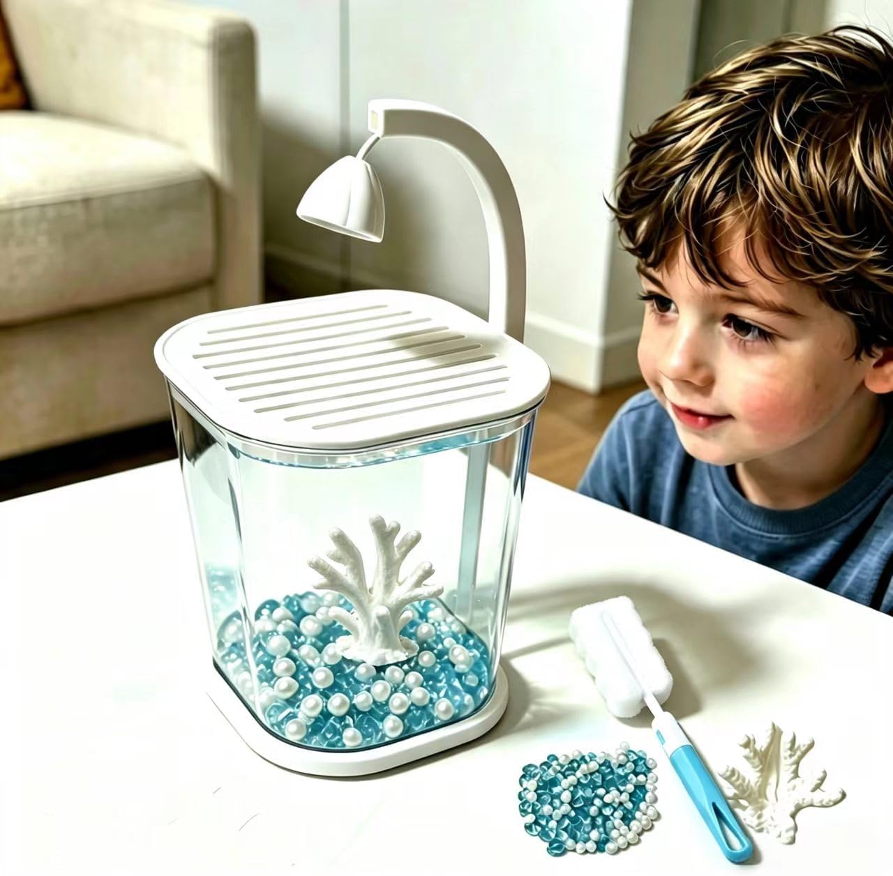0.45 Gallon Mini Fish Tank, Small‑Size Desktop Aquarium with Fish Tank Brush, Coral & Pearl Decorations, Aquarium Landscape Ornament for Home & Office