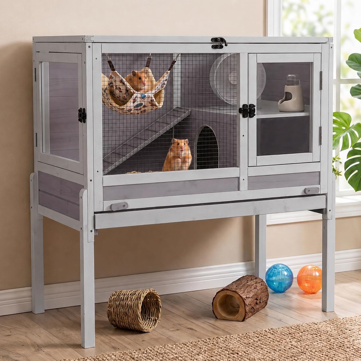 Wooden Guinea Pig Cages Indoor with Plastic Floor and Pull Out Tray, Two-Story Rabbit Cage with Anti-Chewing Ramp, Bunny Hutch with Detachable Stand, Small Animals Cage Habitat (Grey)