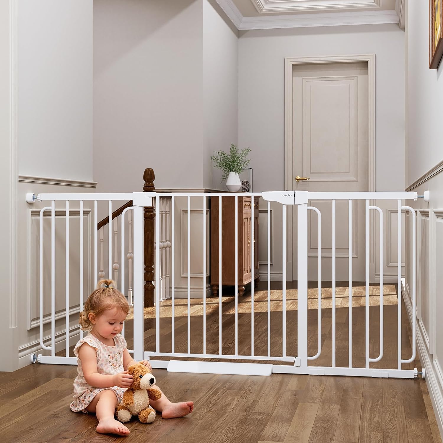 Cumbor Extra Wide Baby Gate, 36.6-69″ Walk-Through Dog Gate White