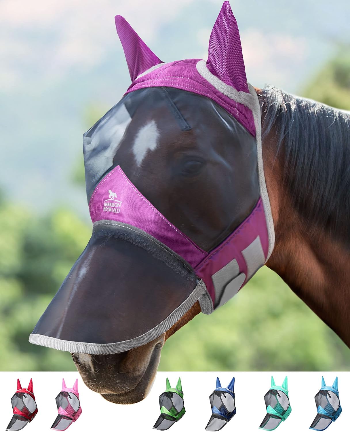 Harrison Howard CareMaster Pro Luminous Horse Fly Mask Large Eye Space Long Nose with Ears UV Protection for Horse Dark Magenta L Full Large