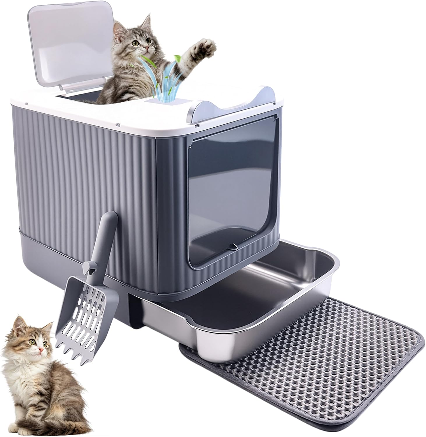 Stainless Steel Cat Litter Box Enclosed, Small, Dual Entry, Pull-Out Tray