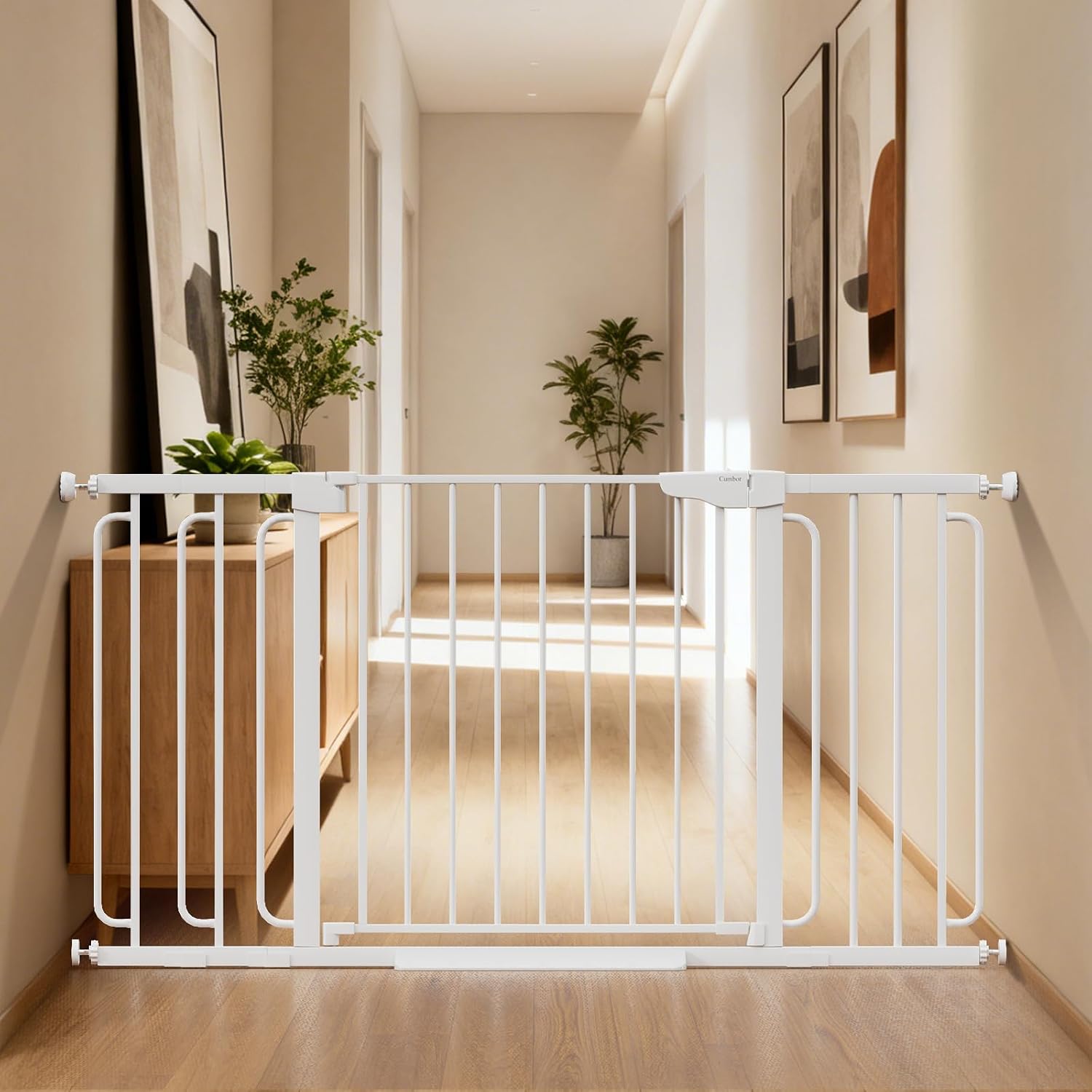 Cumbor 36.6-59″ Extra Wide Baby Gate for Stairs, Auto Close Dog Gate White