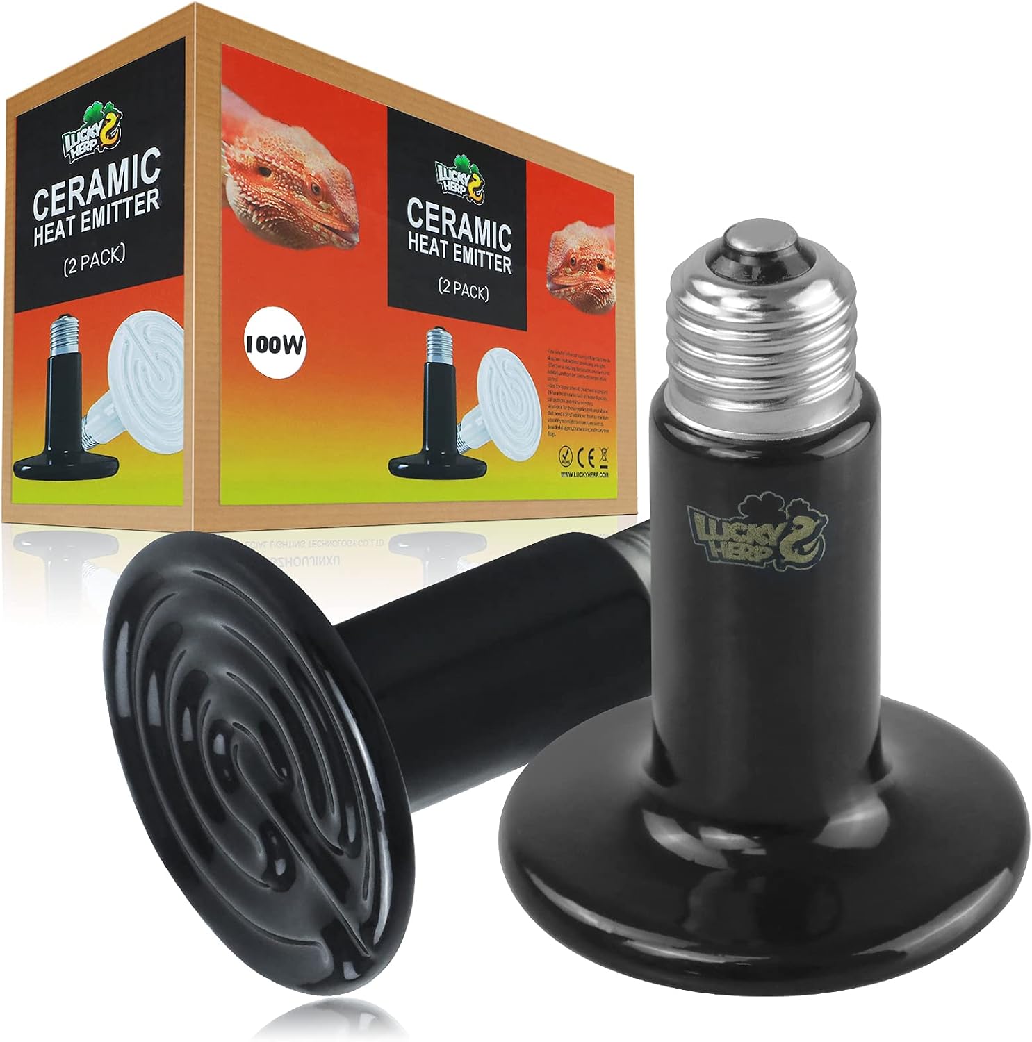 LUCKY HERP 100W Ceramic Heat Emitter, Reptile Heat Bulbs, Ceramic Heat Lamp for Reptiles, Amphibian, Chicken, Dog, Cat (2-Pack)