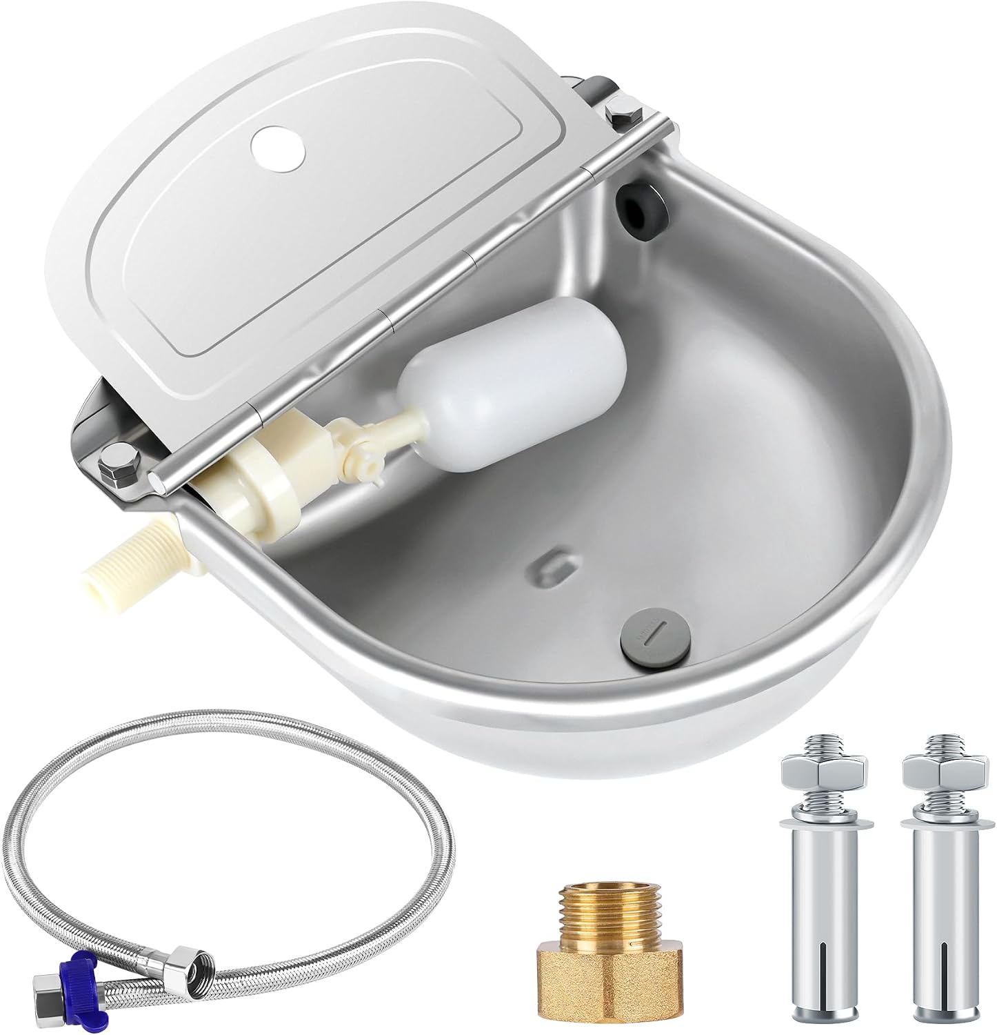 ToLanbbt Automatic Animal Dispenser Horse Water Bowl with Float Valve Stainless Steel Goat Waterer Feeder Outside Water Trough for Livestock Auto Fill Dog Watering Bowl with 1/2″ Hose, Drainage Hole