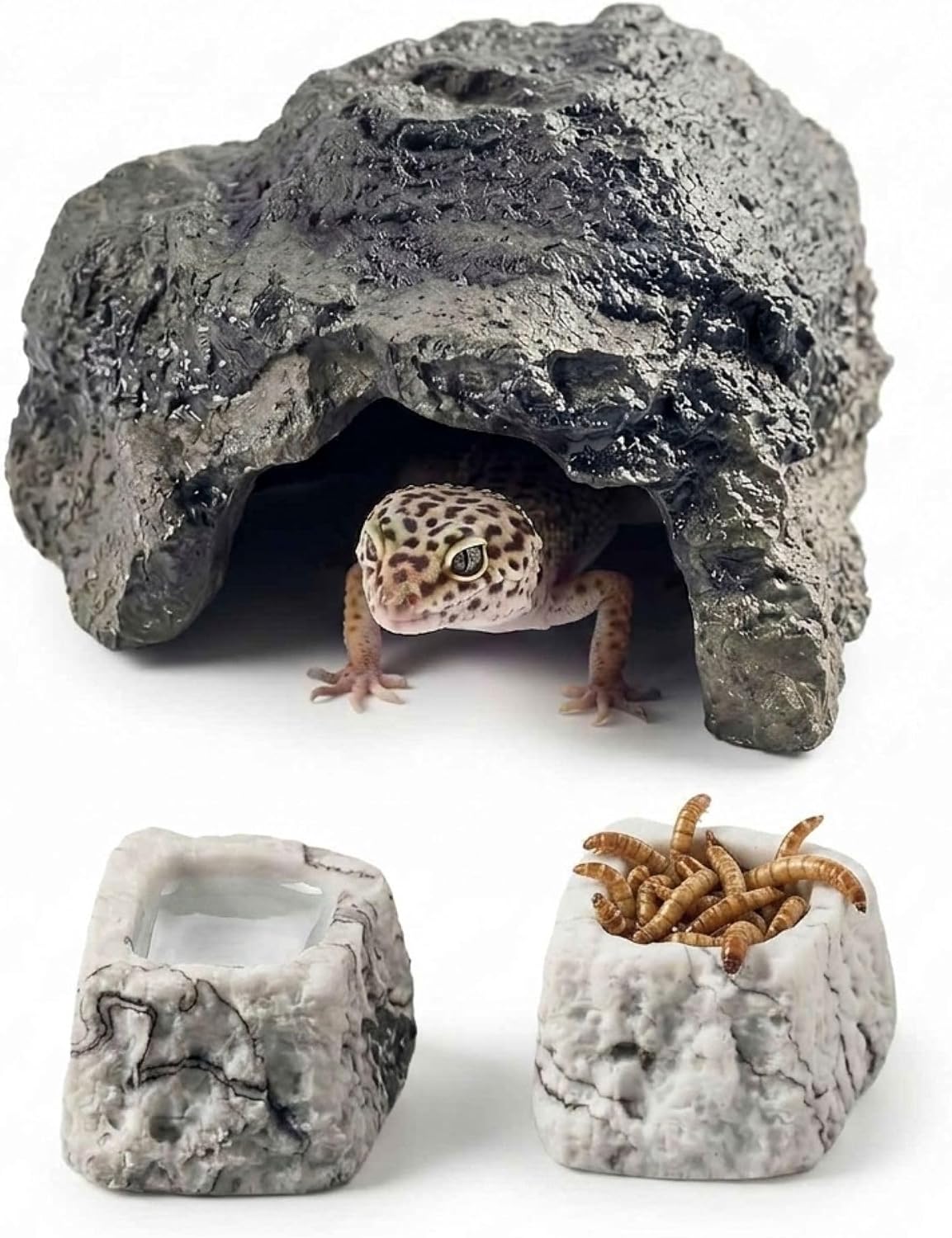 Resin Rock Reptile Hide Cave Set with 2 Bowls