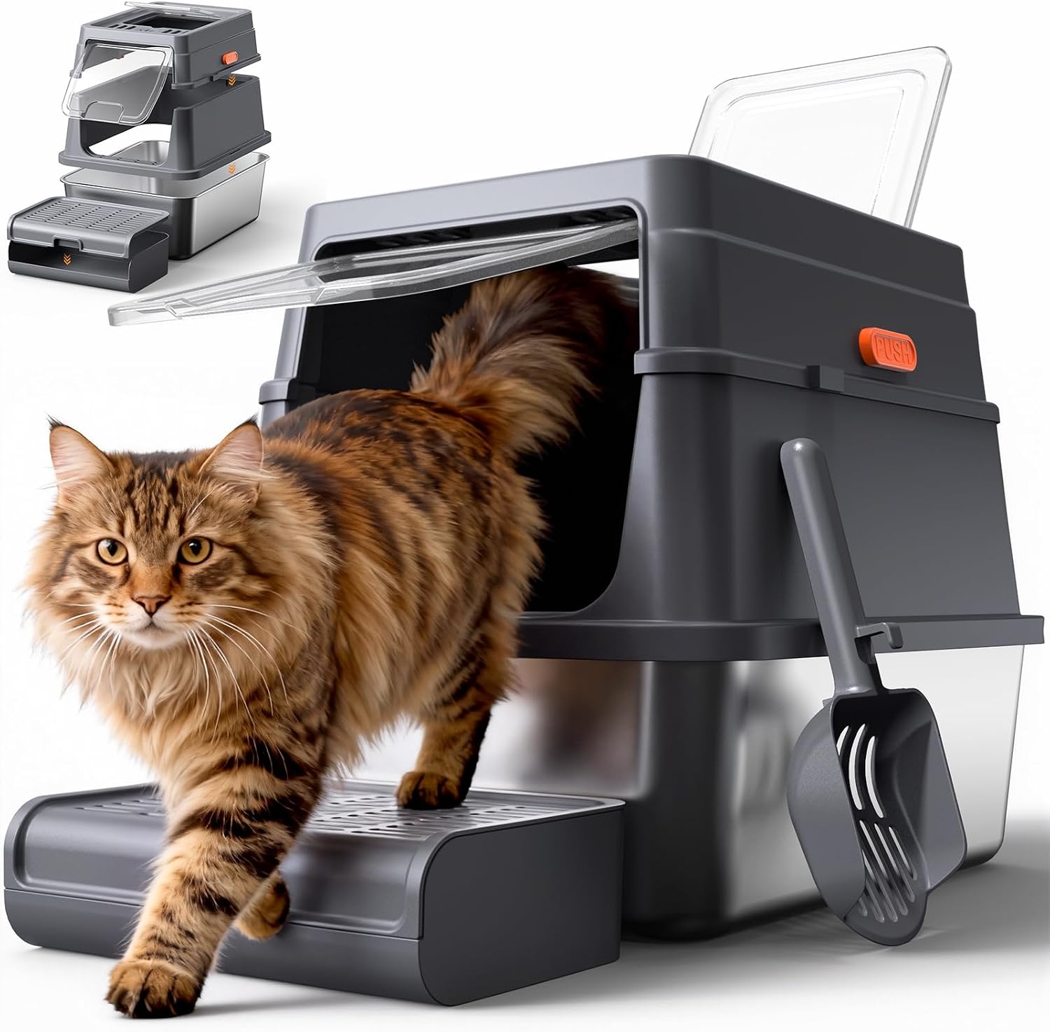 Powools Stainless Steel Enclosed Cat Litter Box, 17.1×13.2×15 in