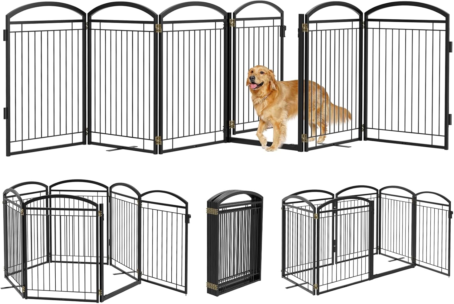 Full Metal Free Standing Dog Gate with Door for Indoor Outdoor, 144” Extra Wide 36” Tall Dog Gate for Doorways,Large Openings,Decks,Freestanding Portable Pet Fence(6 Panels,Black)