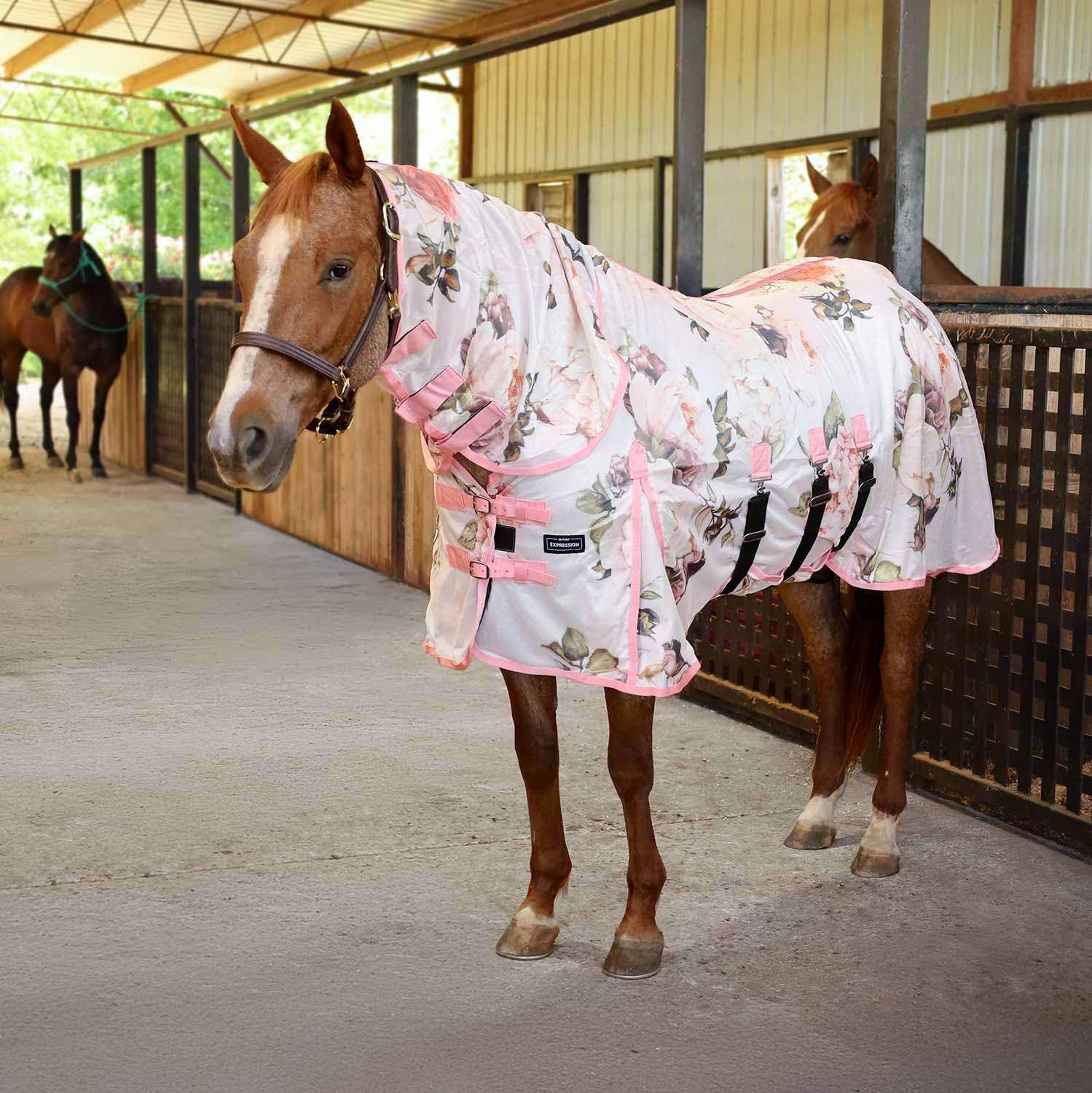 Jeffers Expression Soft Mesh Fly Sheet for Horses 66″ – Rose Garden Pattern, Lightweight Mesh Combo Neck Sheet, Breathable UV Protection, Summer Horse Blanket with Straps for Stable or Turnout