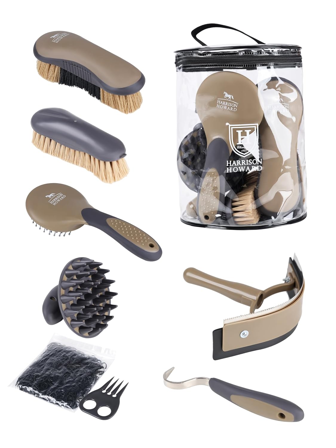 Harrison Howard Horse Grooming Kit, 7 Piece Horse Brush Set with Curry Comb, Hoof Pick, Sweat Scraper & Bag Brown