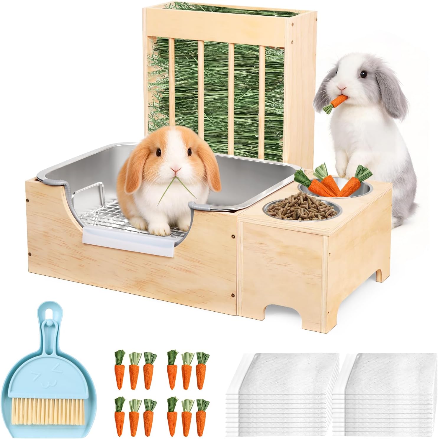3-in-1 Rabbit Hay Feeder with Stainless Steel Litter Box, Wooden Bunny Hay Rack & Food Bowl Stand Combo, Low Entry Potty Trainer for Guinea Pigs, Includes 20 Pee Pads & 12 Carrot Treats