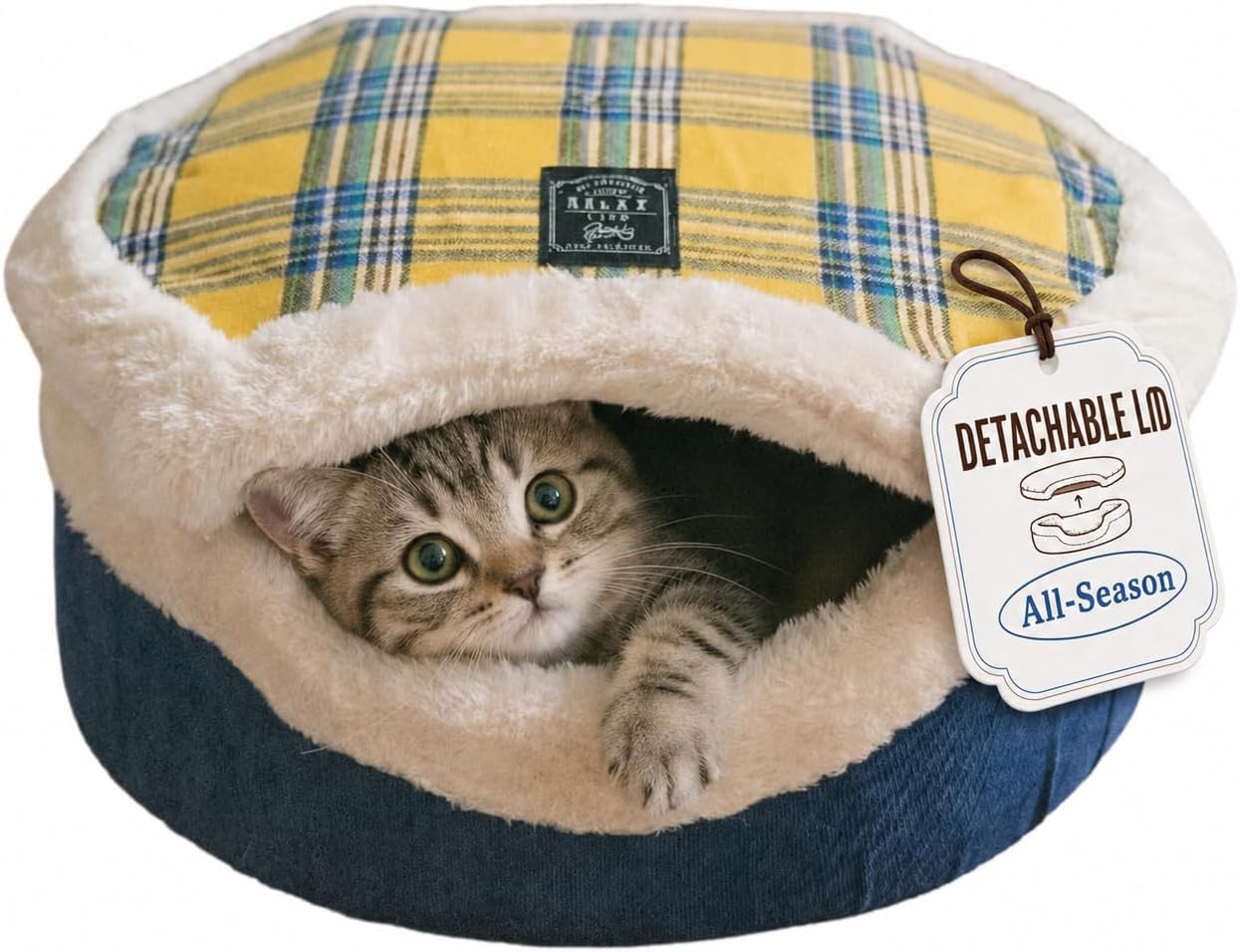 Cat Bed Cave – Enclosed Hideaway with Detachable Lid for Kitten (Yellow)