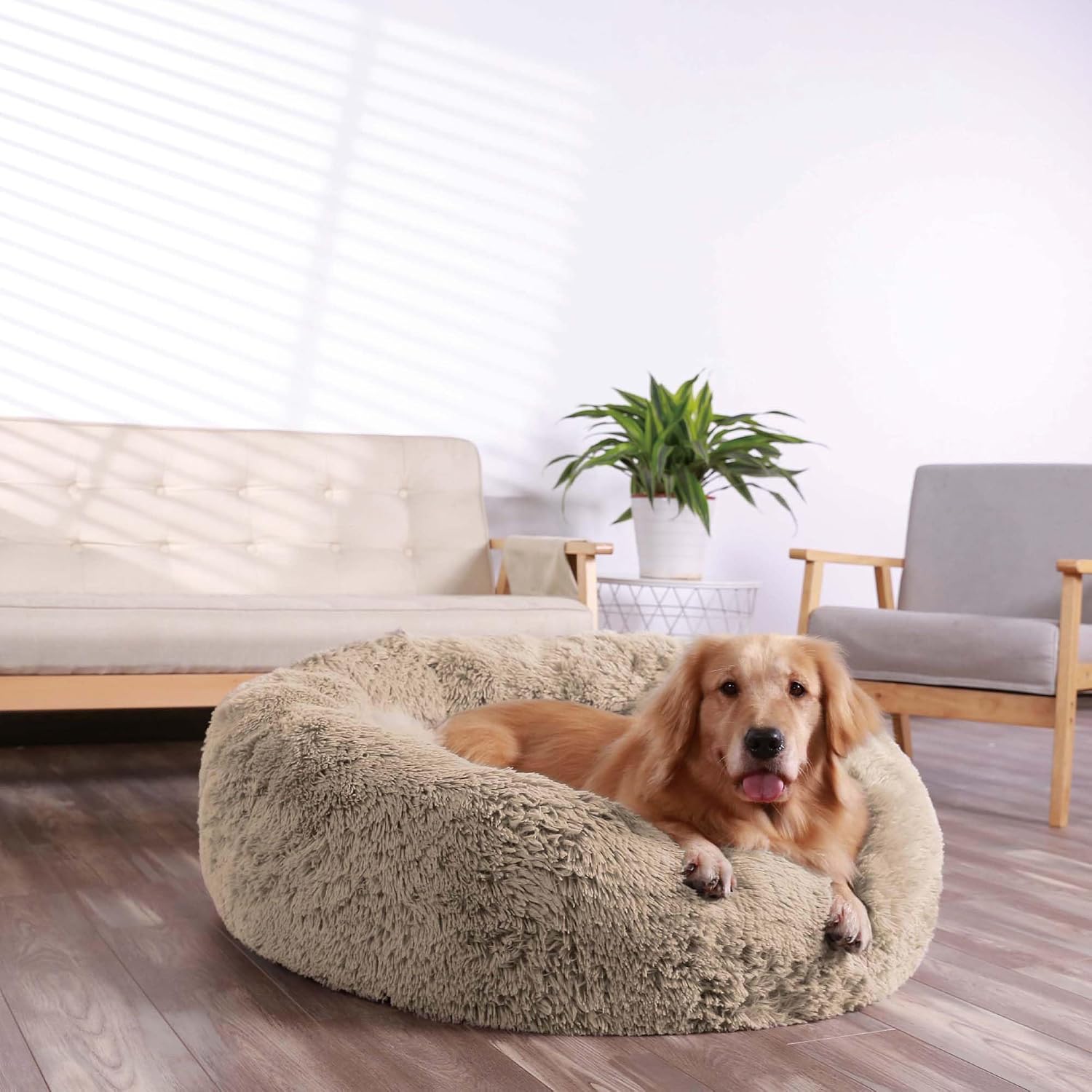 HACHIKITTY Calming Donut Cuddler Dog Bed, Round Fluffy Pet Bed with Sewn-in Cushion for Large Dogs,Washable, Taupe, XLarge 36”