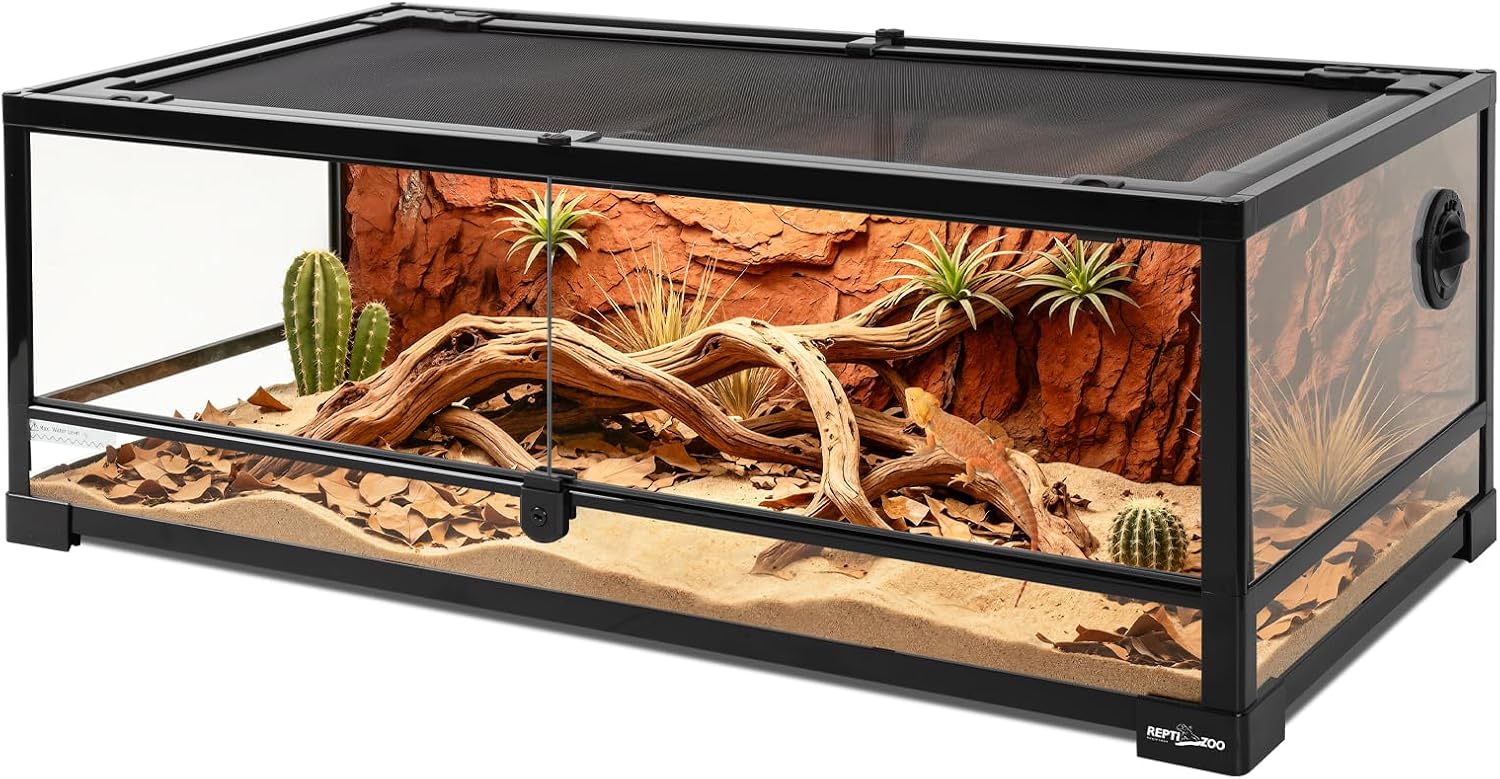 REPTI ZOO Full Glass 35 Gallon Reptile Tank, Front Opening Wide & Low Reptile Terrarium 36″ x 18″x 12″ for Lizard Gecko Tortoise Snake, Top Screen Ventilation & Anti Escape Lid