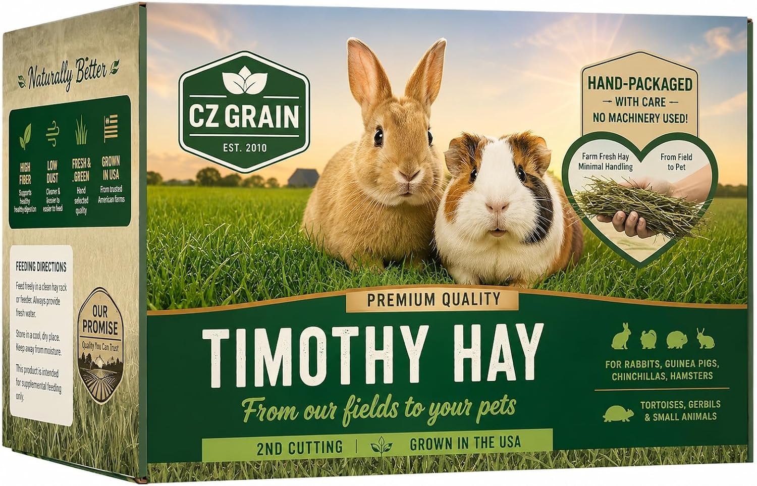 CZ Grain Timothy Hay for Rabbits & Guinea Pigs, 5 Pounds, Premium 2nd Cutting, Low Dust, High Fiber, Hand Packed Fresh, USA Grown Hay for Chinchillas, Hamsters & Small Pets