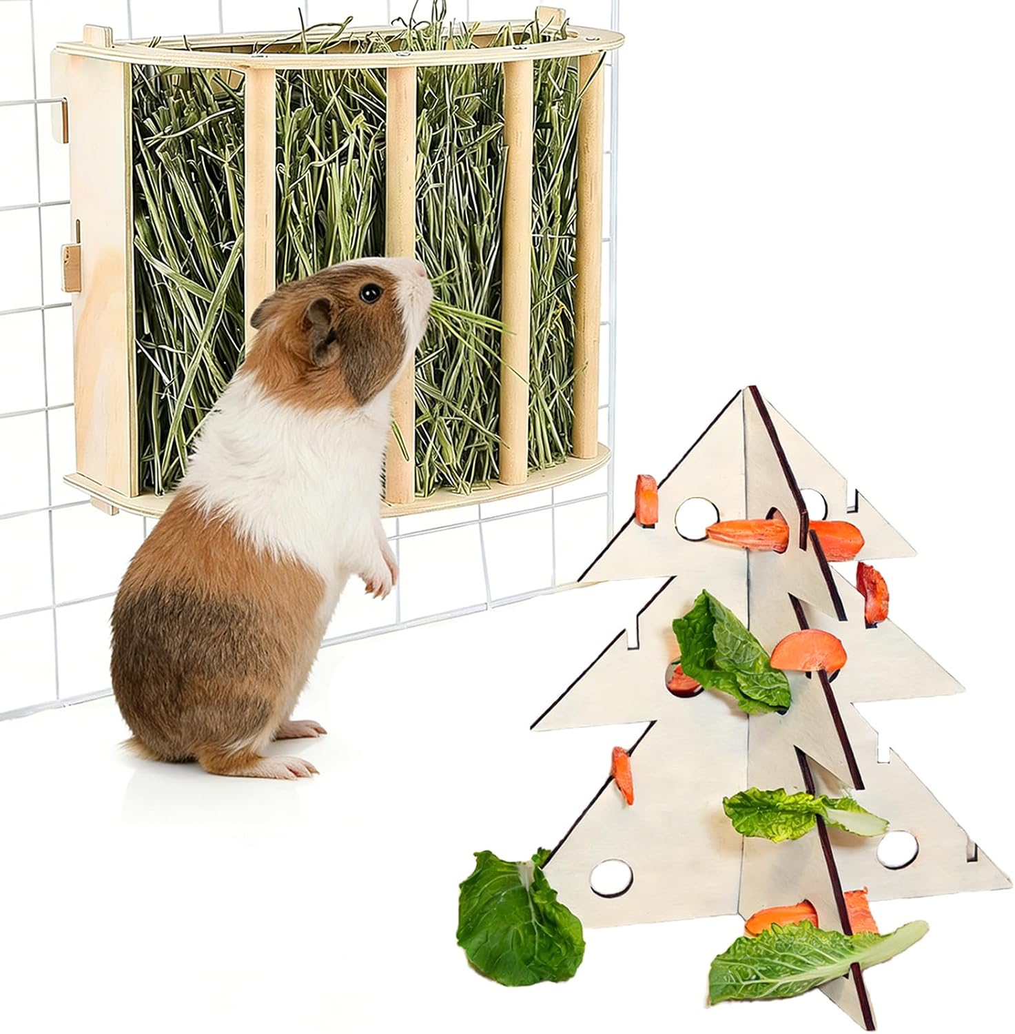 Guinea Pig Hay Feeder Wooden Rabbit Hay Rack Bunny Treat Holder Vegetable Dispenser Foraging Toy Cage Accessories for Chinchillas Small Animals