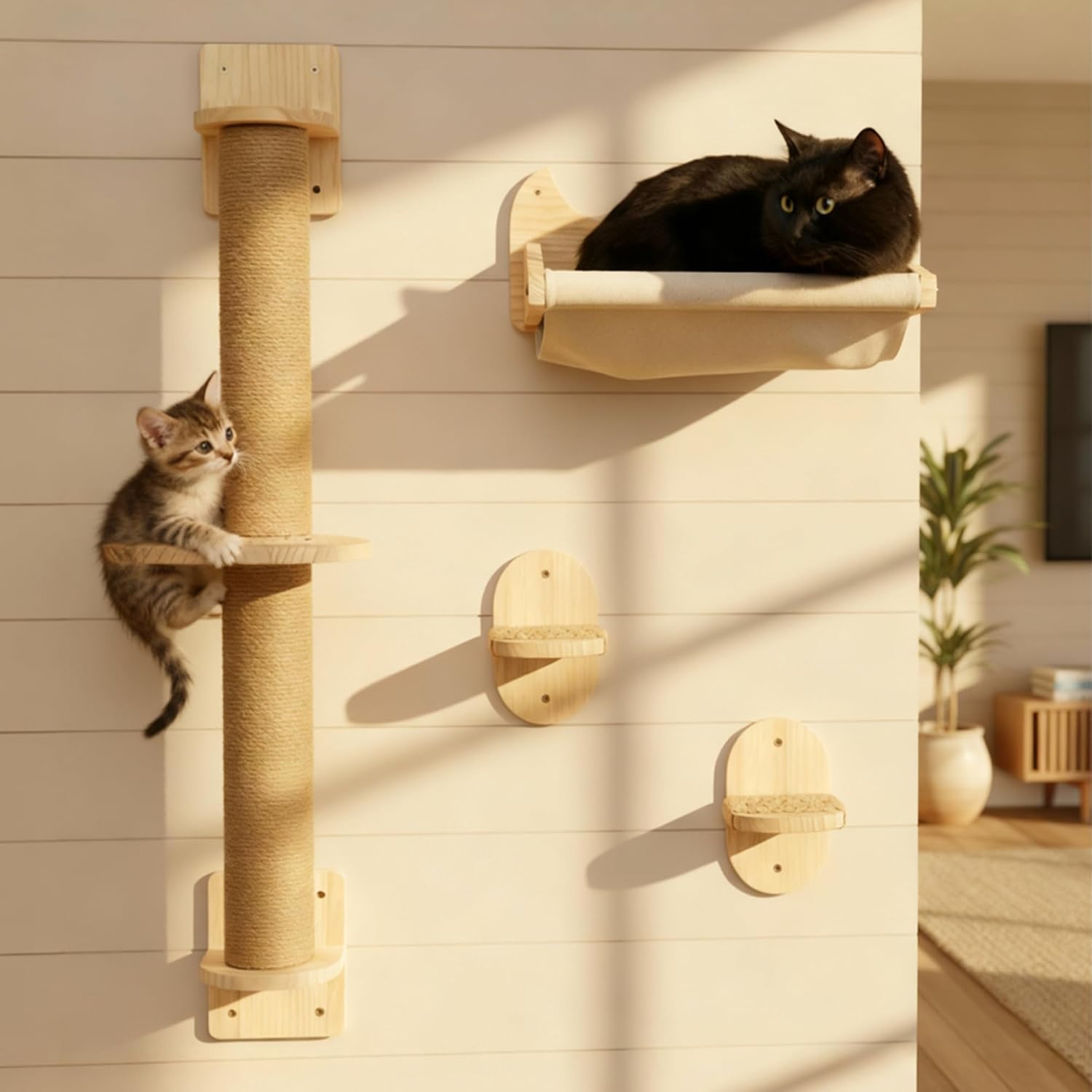 4-in-1 Window & Wall Mount Cat Wall Shelves – Hammock, Steps & Scratching Post with Landing | Space-Saving Pet Furniture for Glass & Drywall | Modern Cat Window Perch | Fits up to 40 lbs