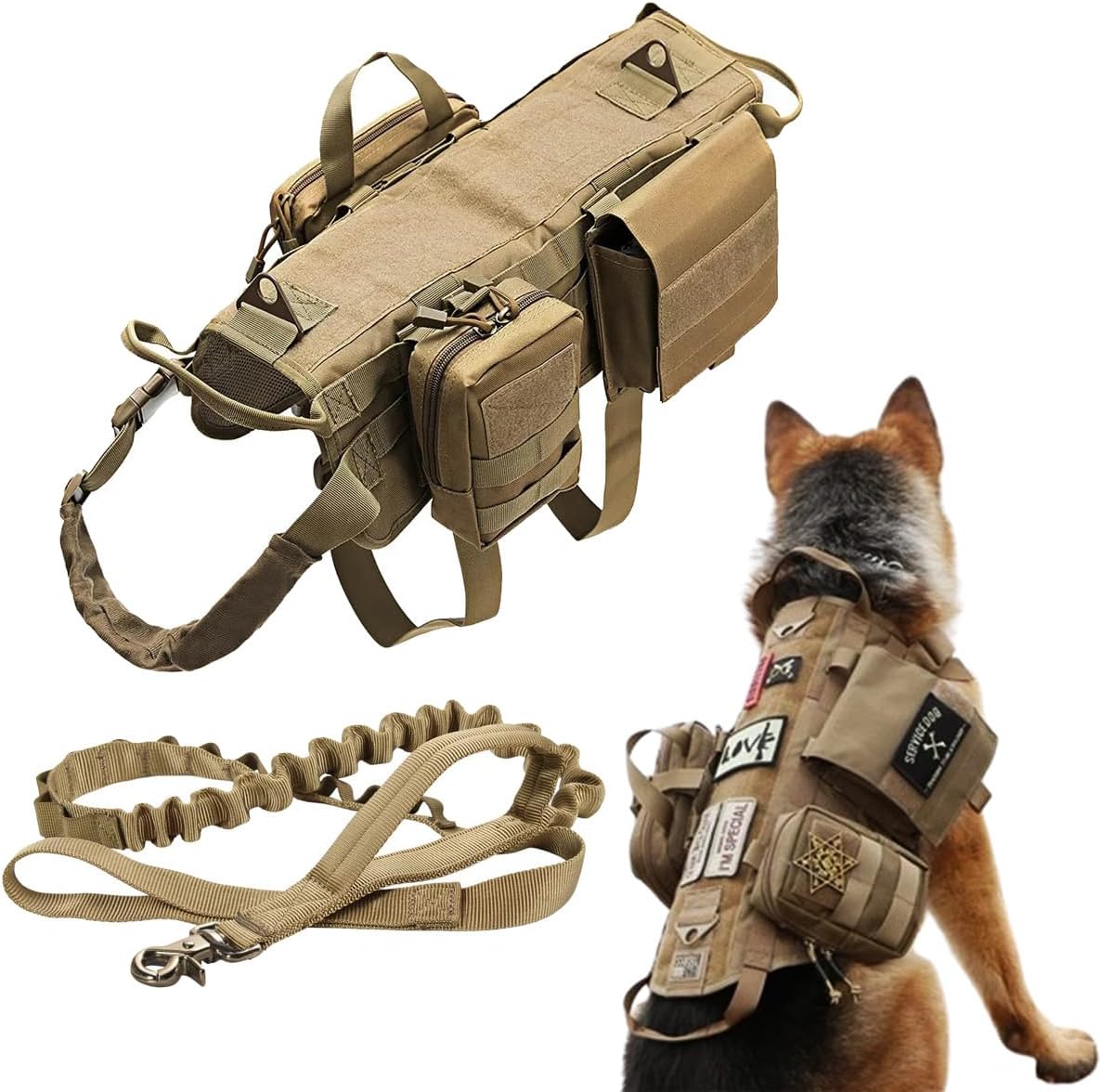 Tactical Dog Vest Harness with 3 MOLLE Bags&1 Bungee Leash