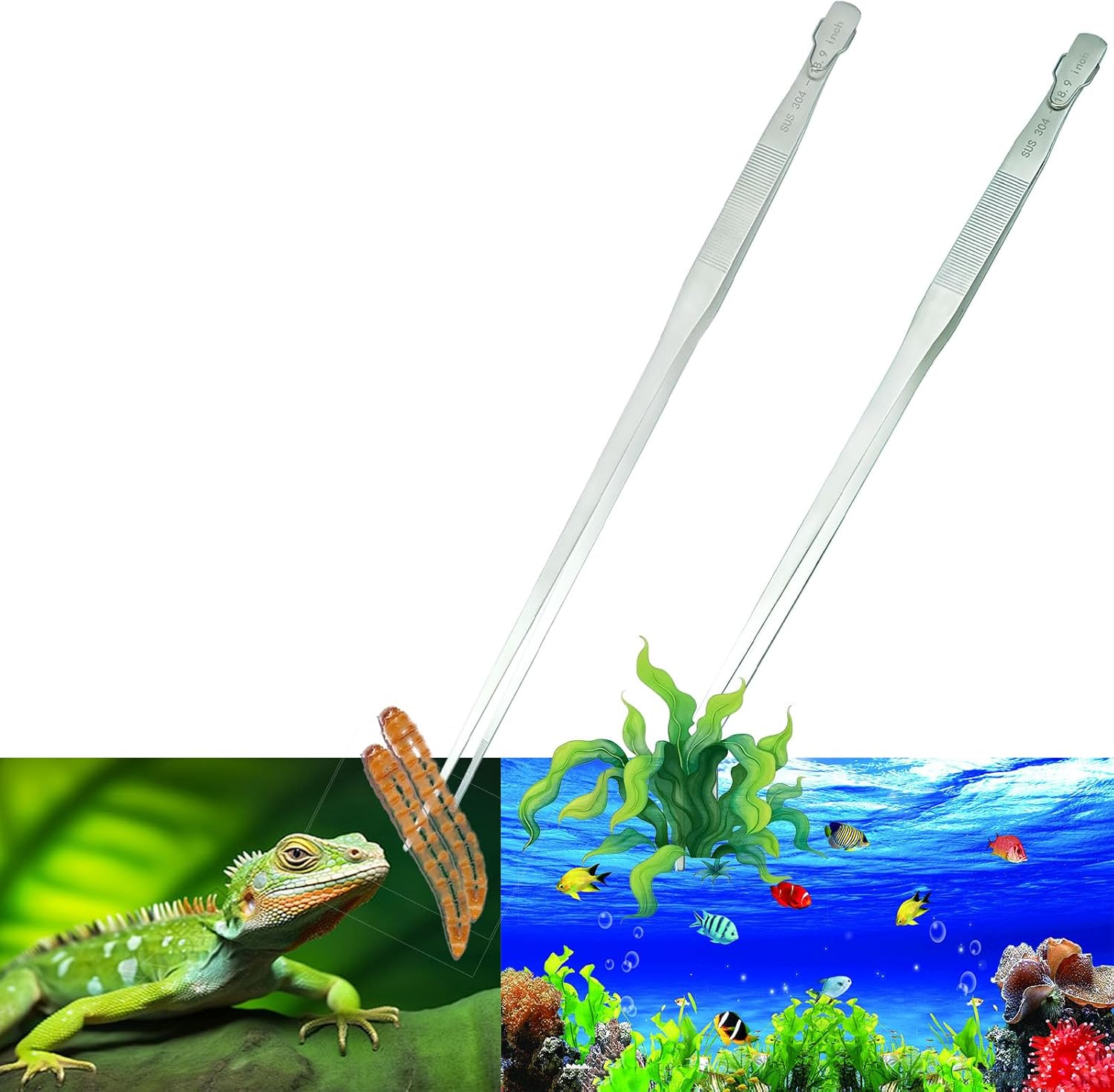 2pcs 18.9 inch Aquarium Tweezers with Hanger, 2025 New Extra Long Feeding Tongs, Stainless Steel Large Aquascape Tools for Fish Tank, Terrarium，Aquascaping, Reptile Snake (Curved & Straight)