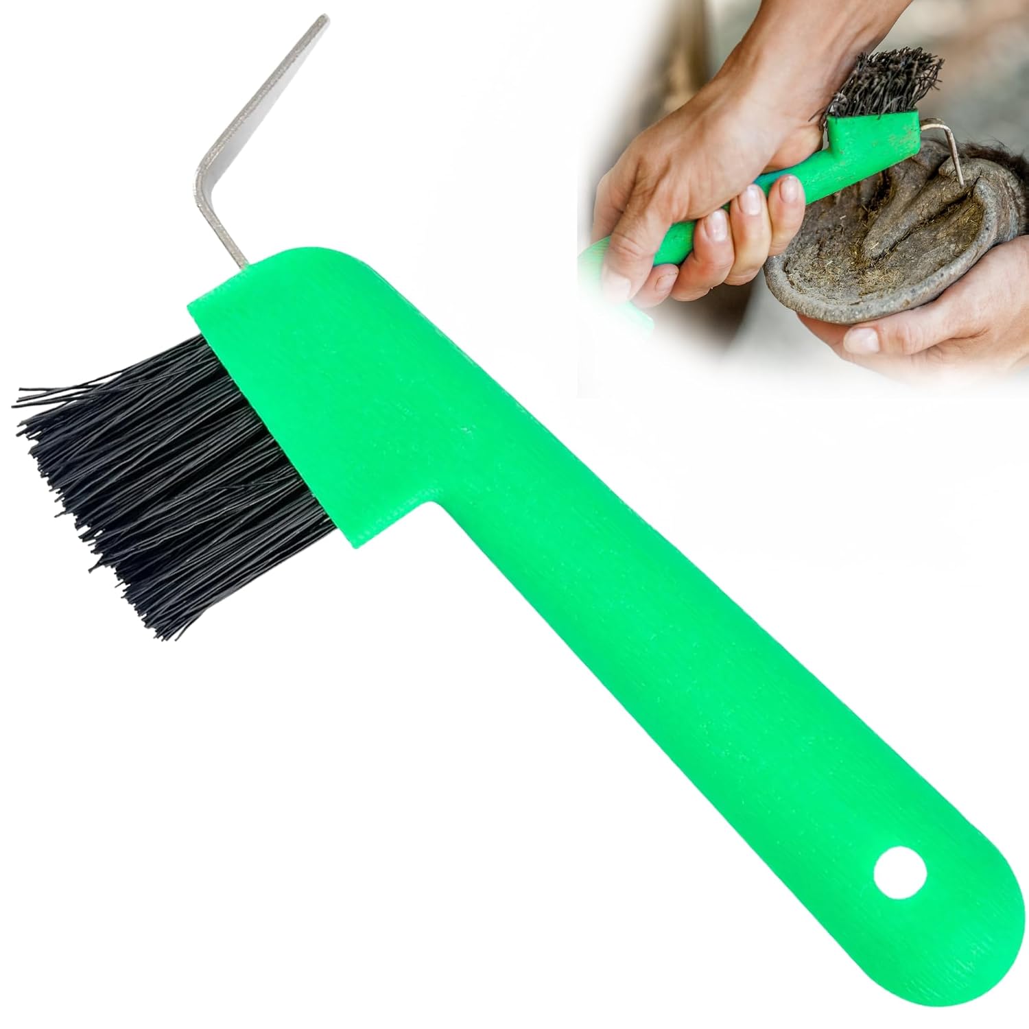 Jeffers 2 in 1 Horse Hoof Pick & Brush Combination Tool, 4″ handle – Green