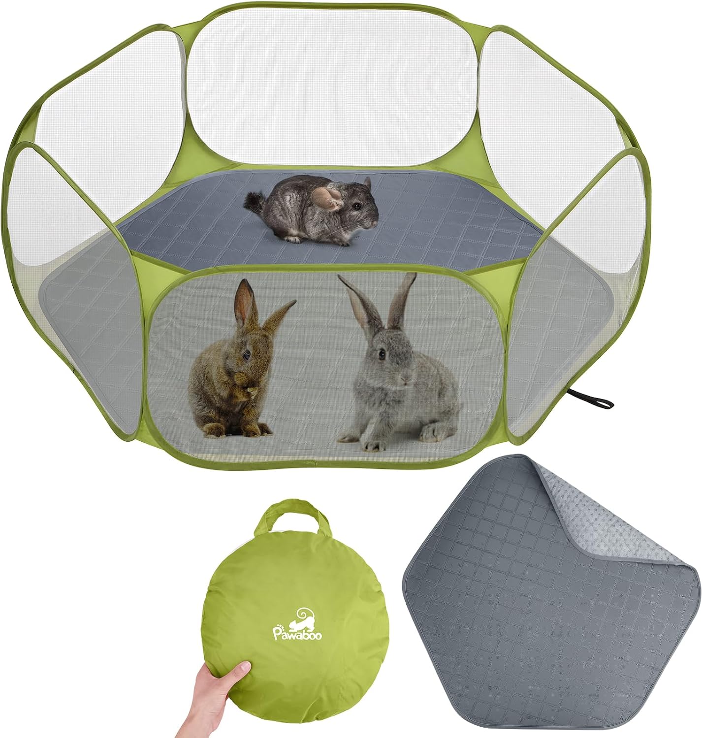 Pawaboo Small Animals Playpen with Pad, Green + Grey