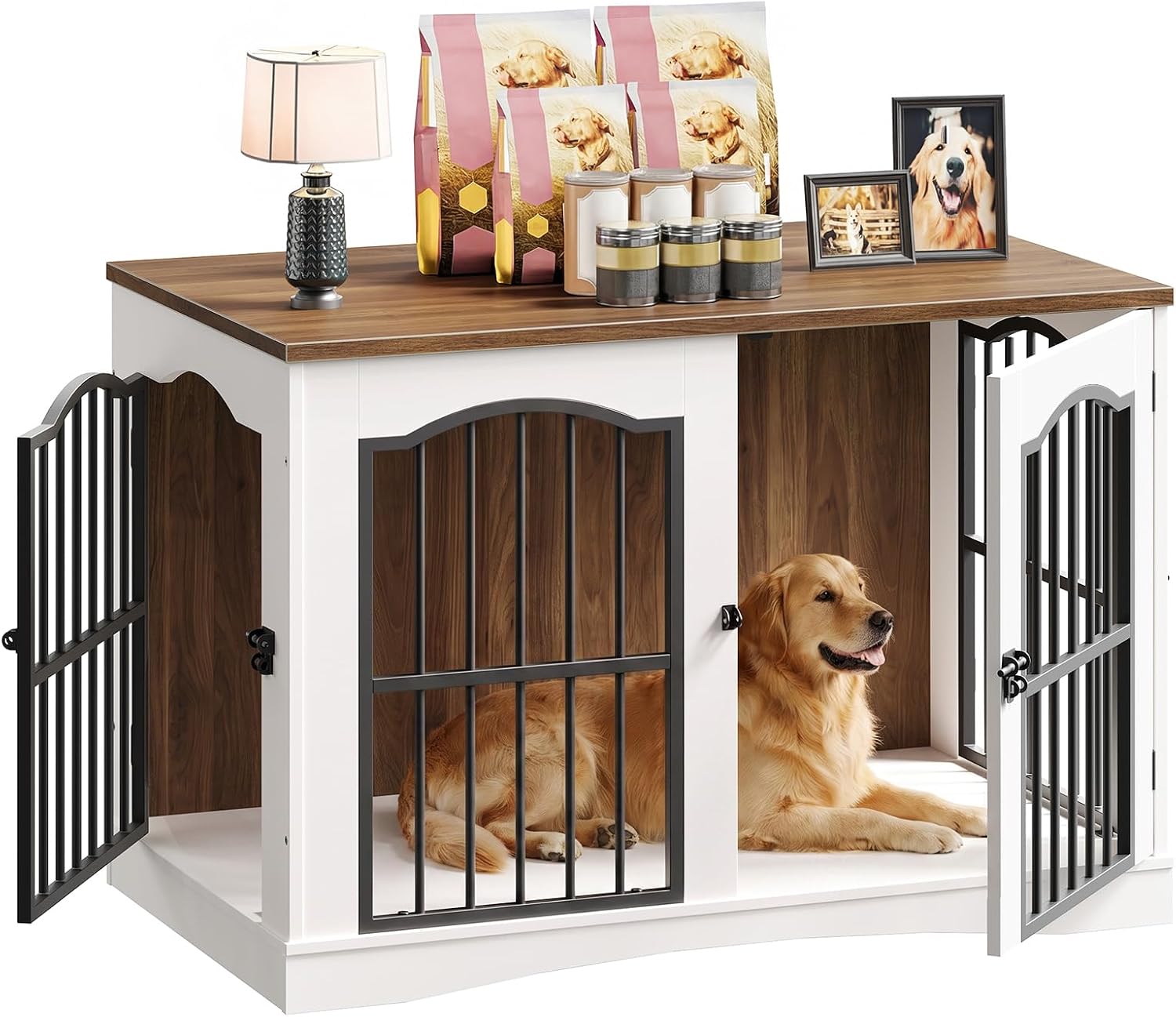 HOOBRO 39.4″ Wooden Dog Crate Furniture, Heavy Duty Dog Kennel Indoor with 3 Doors, Dog Cage for Medium/Large Dogs, Decorative Pet House Side End Table TV Stand, White and Walnut WH66GW03