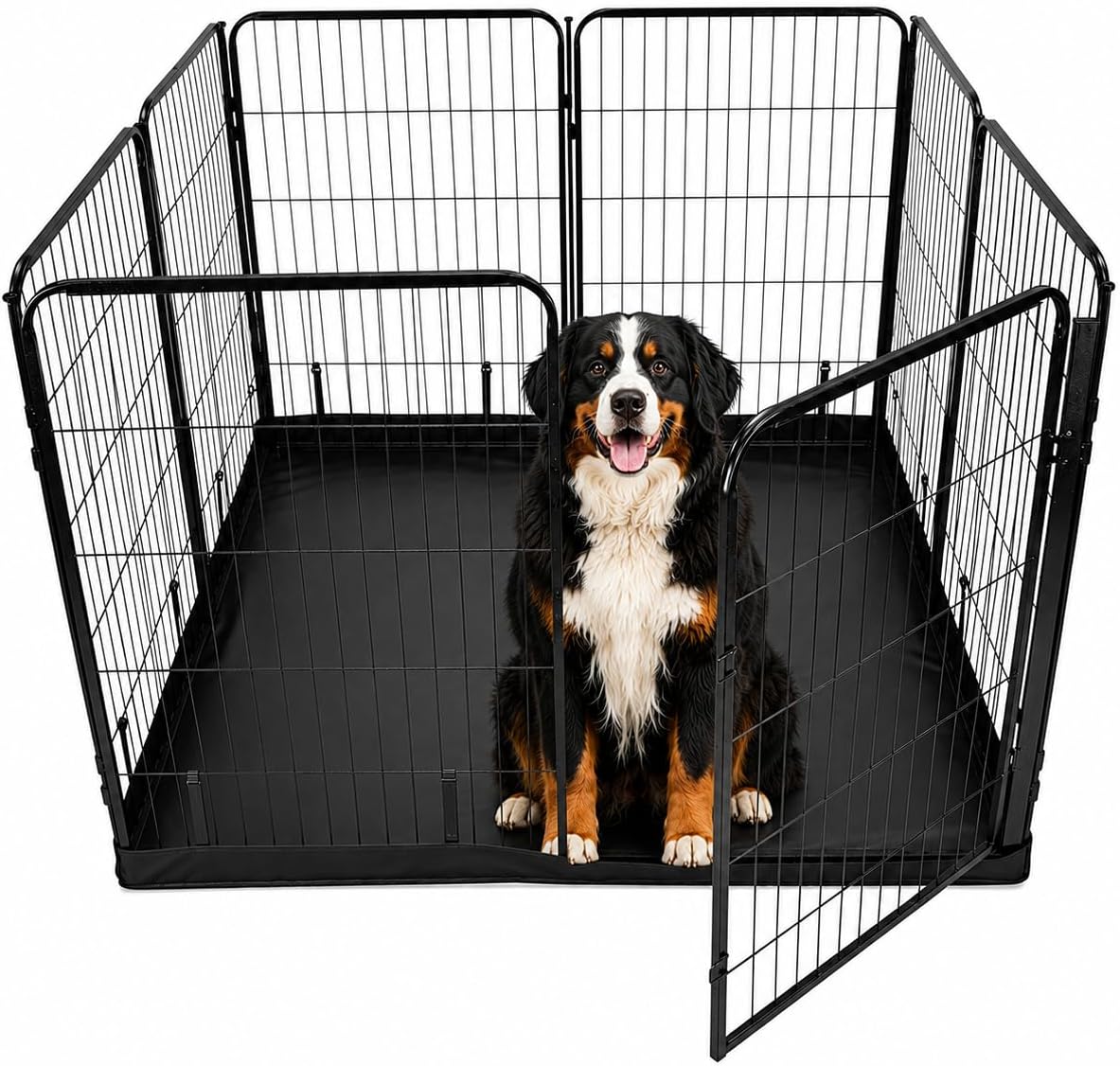 Dog Playpen w/Square Bottom Floor Cover – 40 inch, 8 Panel Portable Black Metal Pet Play Pen for Medium & Large Dogs – Indoor/Outdoor Kennel Cage for Home, Yard, RV, or Camping