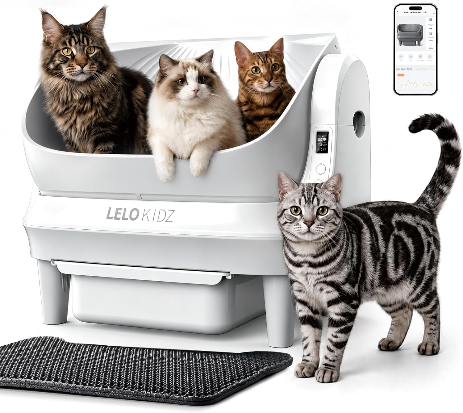 Self Cleaning Litter Box, Open Top 105L Automatic Litter Box for Multiple Cats, App Control, Safety Sensor, Anti-Pinch, Includes Liner – White