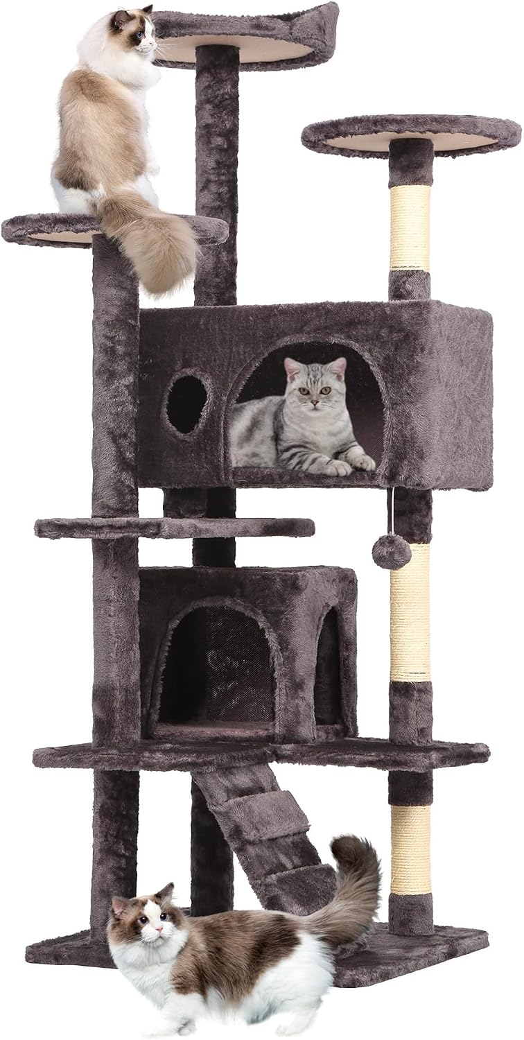 BestPet | 54″ Cat Tree Tower | Purple Gray | Sturdy Multi-Level Cat Tree