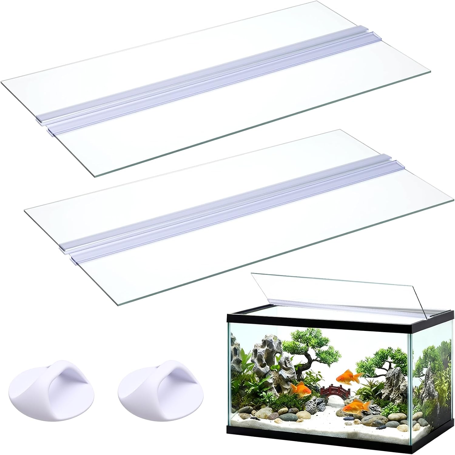 Sawysine 2 Set Aquarium Glass Canopy 19.33″ x 9.65″ x 0.12″ Aquarium Fish Tank Lid 10 Gallon Canopy Cover with Center Brace for Fish, Clear