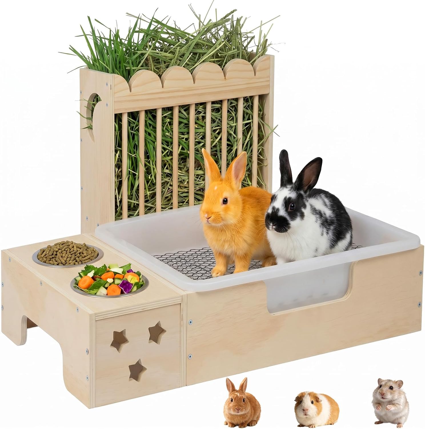 Upgraded 3‑in‑1 Wooden Rabbit Hay Feeder and Litter Box Combo