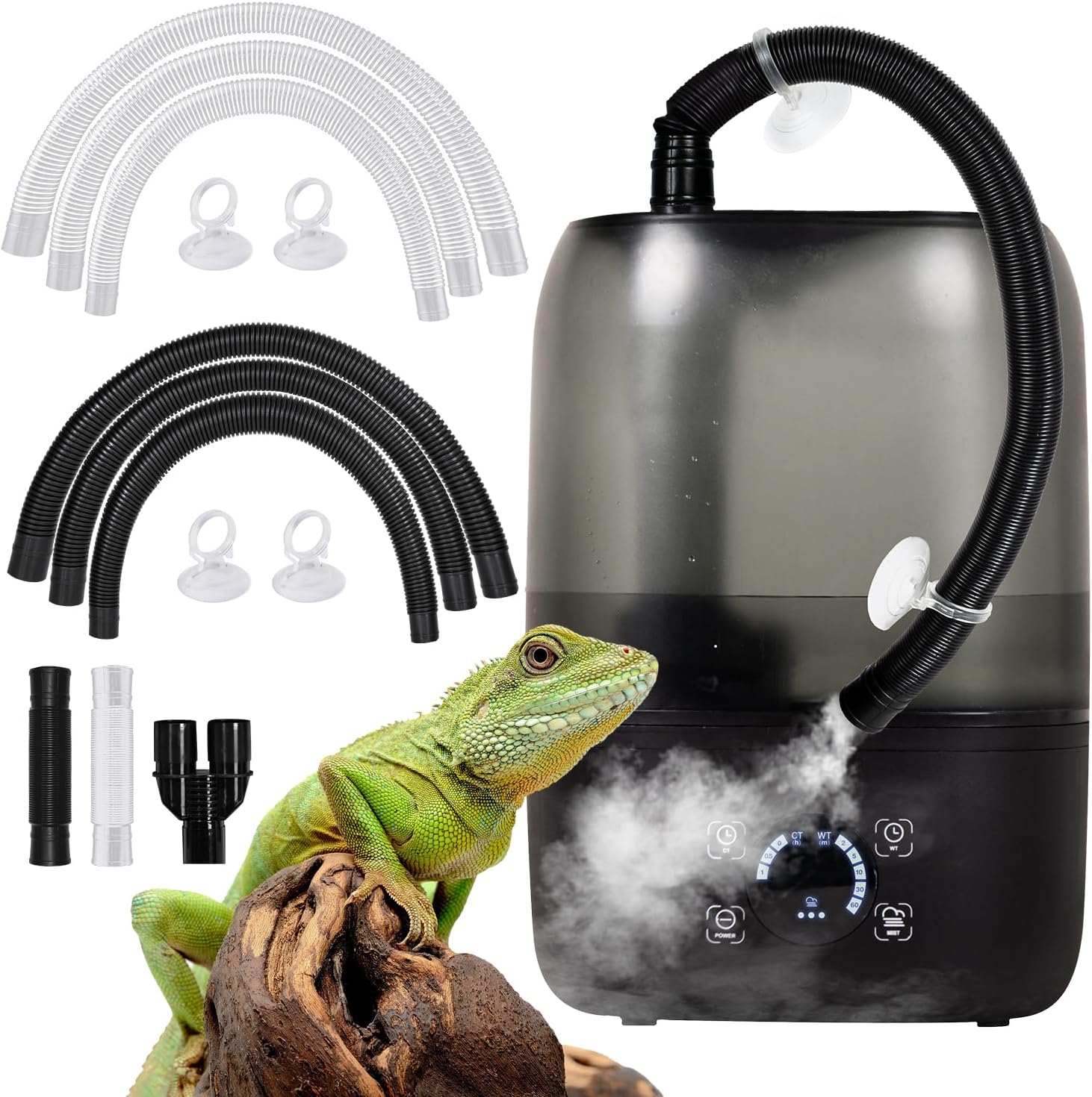 Reptile Fogger Humidifier with Timing, 4L Large Digital Reptile Fogger Terrarium Humidifiers with Double Extension Tube Automatic Reptile Misting System