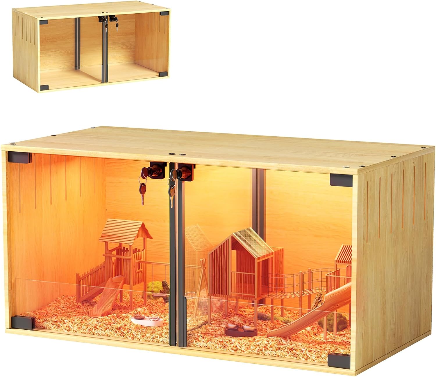Chicken Brooder Box Lighted: Wooden Glass Hamster Cage with LED