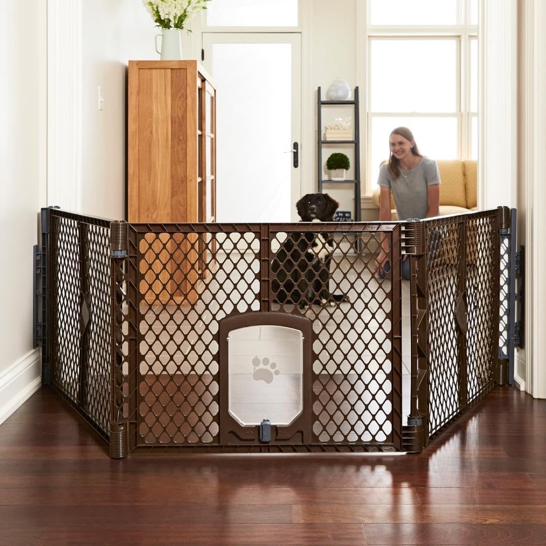 MyPet Extra Wide Dog Gate with Small Pet Door. 38.5” to 103.5″ Wide. Cat Gate for Doorway. Made in USA. 26″ Tall, Brown