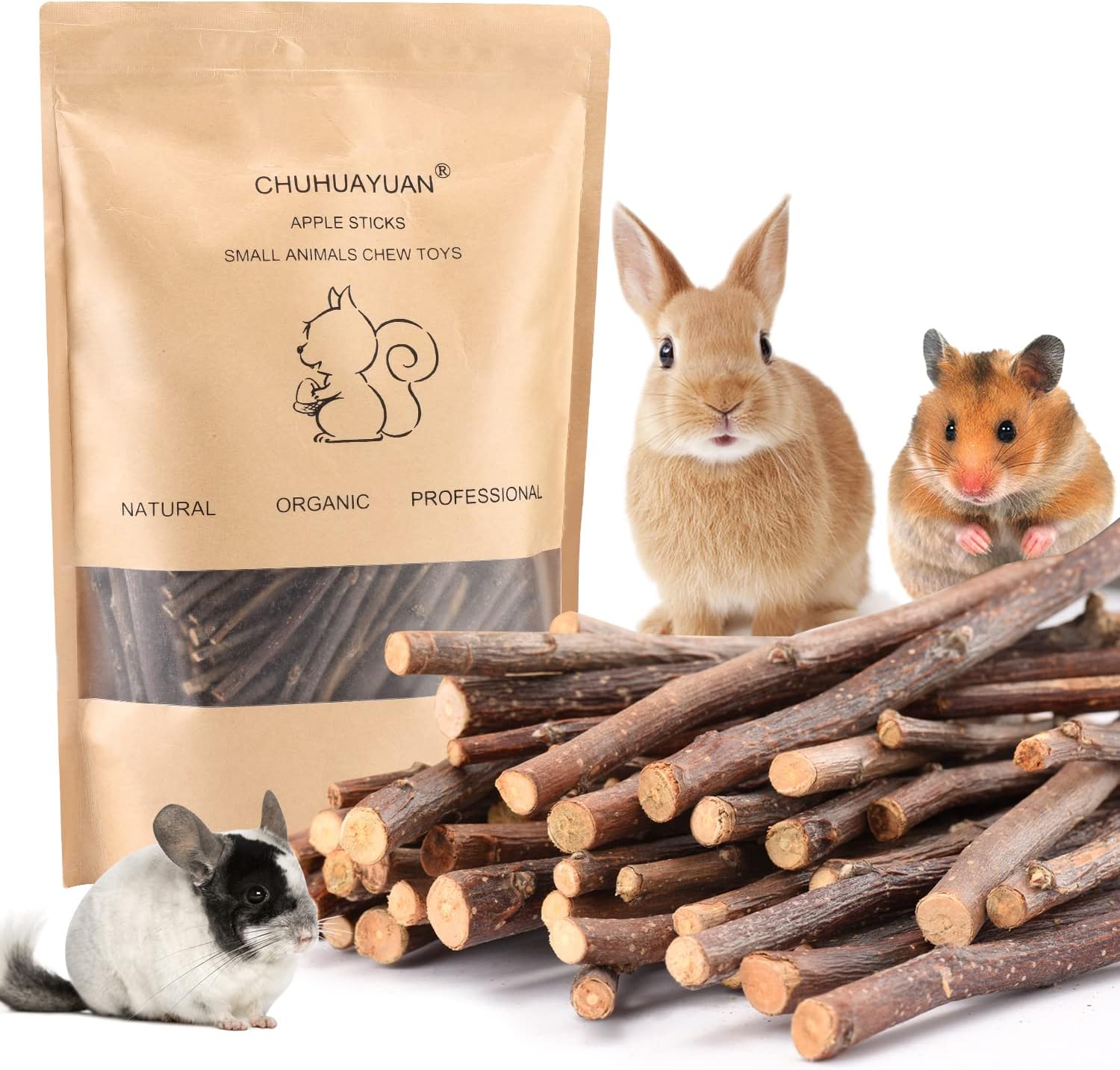 Natural Apple Sticks, 500g Treats Food for Small Animals, Chew Toys for Chinchilla Guinea Pigs Rabbit Squirrel Hamster Bunny