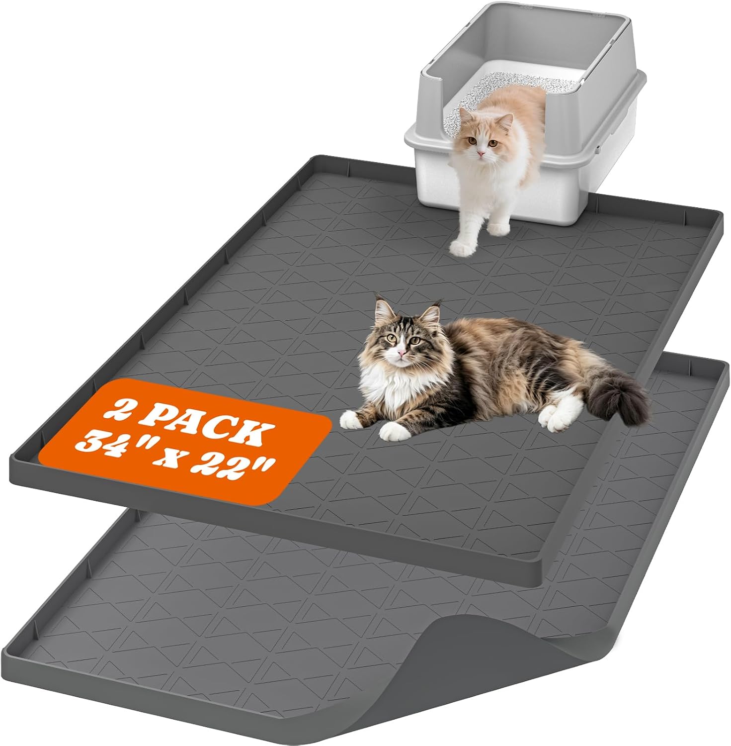 Pawtners Silicone Cat Litter Mat 34 x 22 in, Easy to Clean, Gray, 2 Pack
