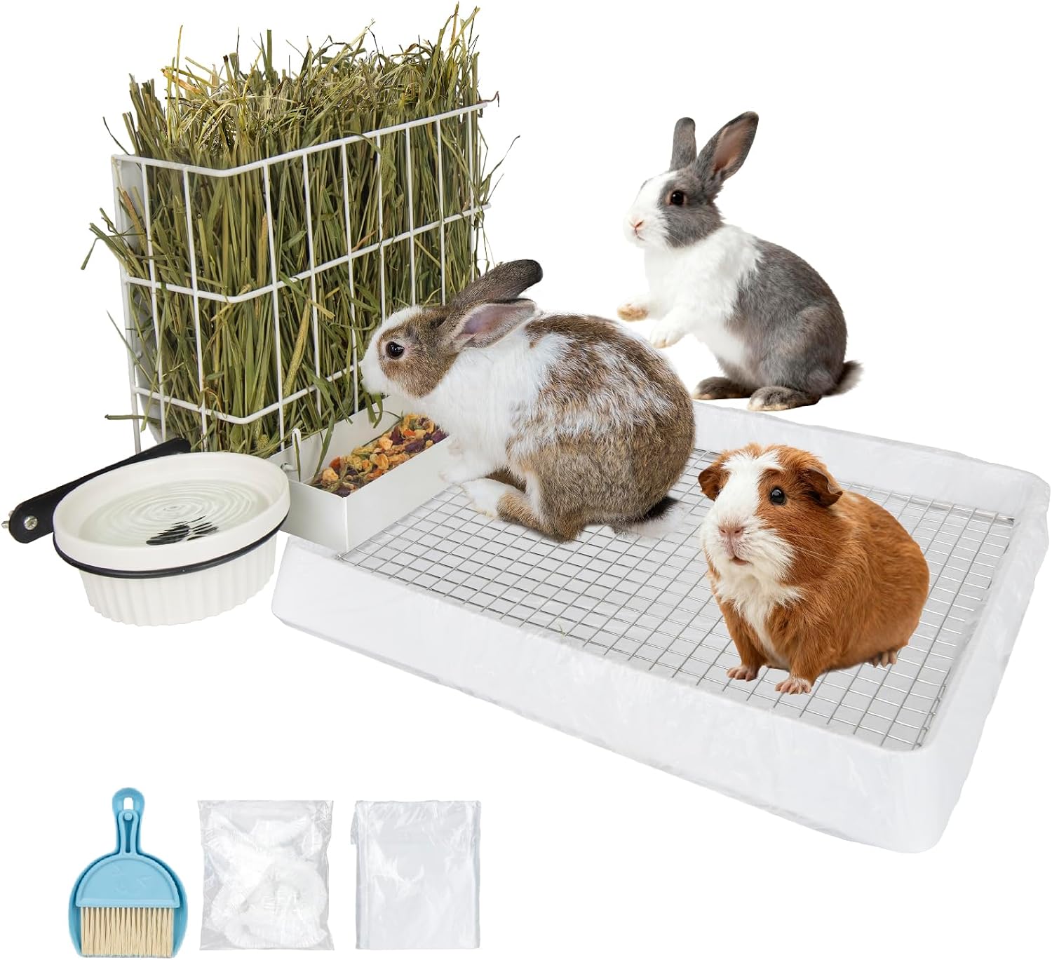 BESNEW 3 in 1 Rabbit Hay Feeder with Litter Box,Upgraded Metal Hay Rack & Litter Tray & Water Bowl,Quick Cleaning,Easy to Install,Bunny Supplies for Rabbit Guinea Pig Chinchilla Small Animals
