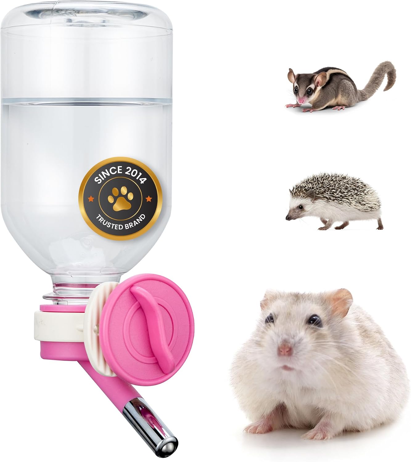 Choco Nose Patented Mini No-Drip Water Bottle/Feeder for Hamsters/Hedgehogs/Gliders/Rats/Mice/Other Small Pets and Animals – for Cages, Crates or Wall Mount. 10.2oz. Nozzle 10mm, Pink (C125)