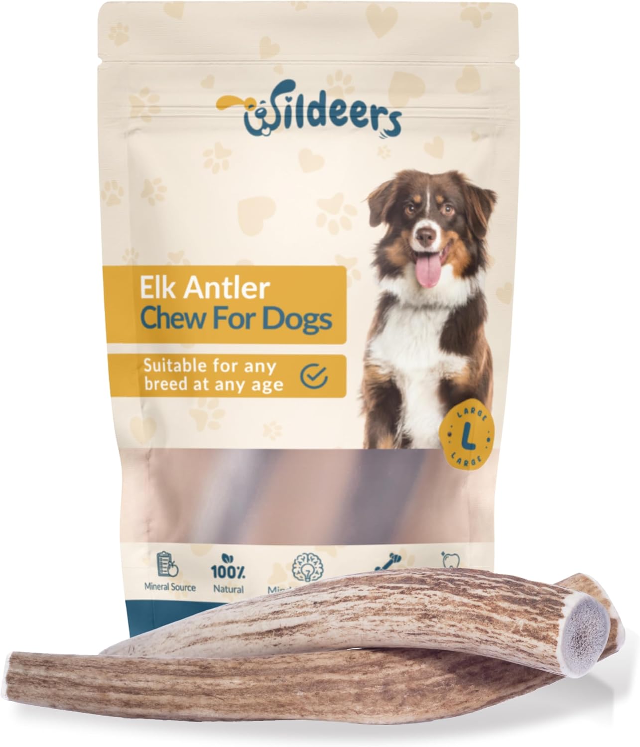 Wildeers Elk Antlers for Dogs Large, 2-Pack, Whole Antler Dog Chews – Mind Stimulating, Naturally Shed, Grade A, 7-9 inch, Long Lasting Bone for Aggressive Chewers