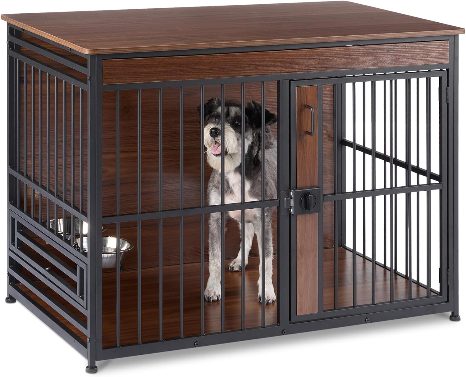 Amazon Basics Furniture Style Dog Crate, Sturdy Wooden Pet Kennel, Two Bowls Included, 41″ x 23.6″ x 29.5″, Walnut