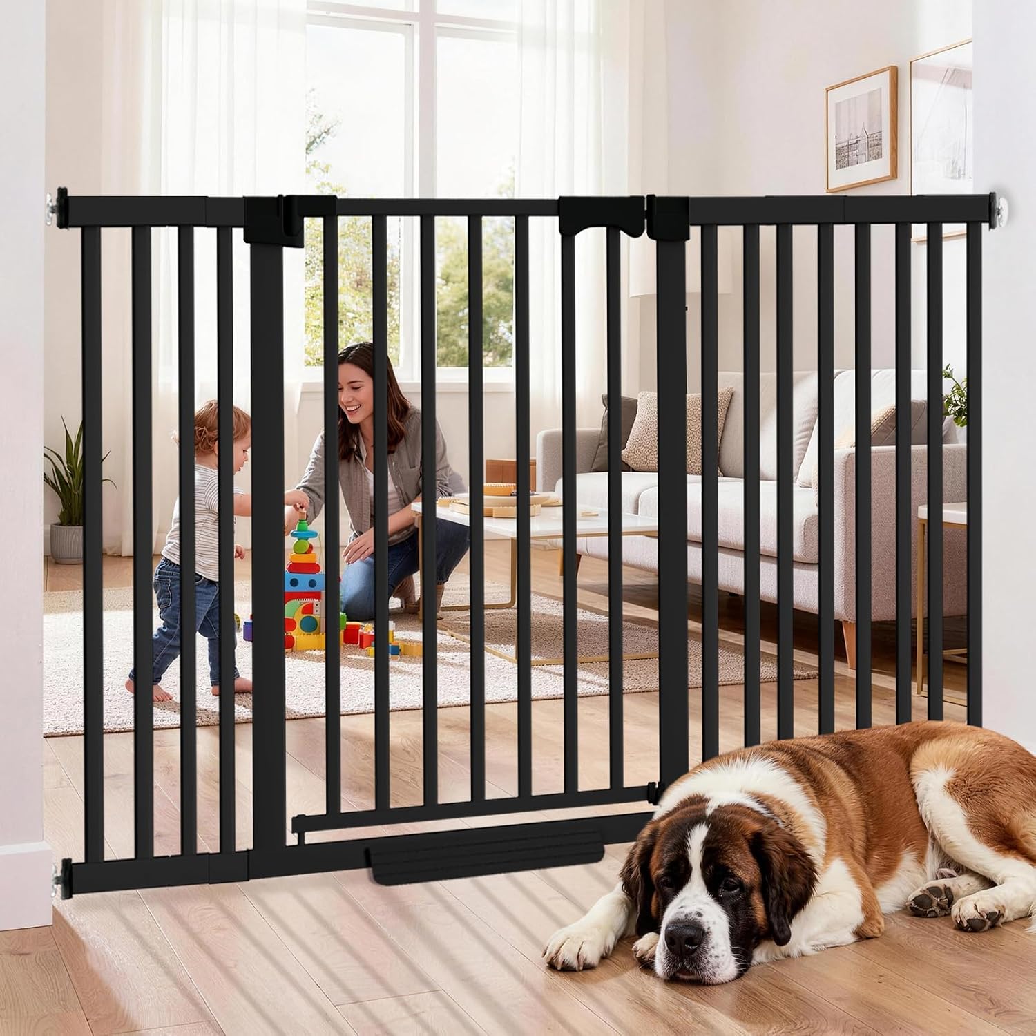 41″ Extra Tall Dog Gate Indoor,30-62.5″ Wide Heavy Duty Pet Gate for Doorways,Baby Gate with Walk Through and Auto Close, Pressure Mounted, Suitable for Stairs,Kitchen,Black