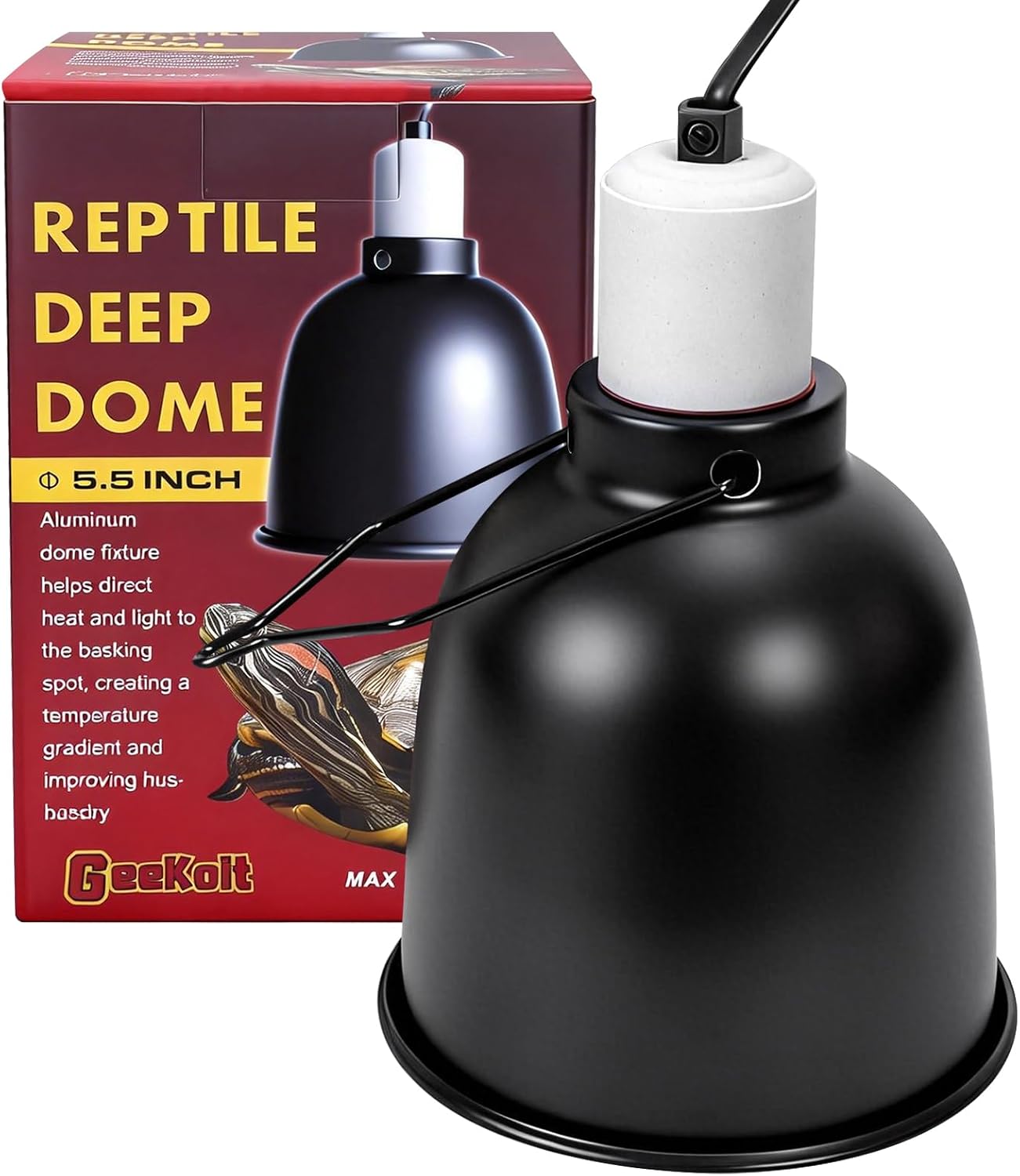 5.5 Inch Reptile Deep Dome Light Fixture – UVB Heat Lamp Holder with Ceramic Socket for Bearded Dragons, Geckos, Turtles – Hanging Hook Design with Safety Switch for Terrarium Lighting