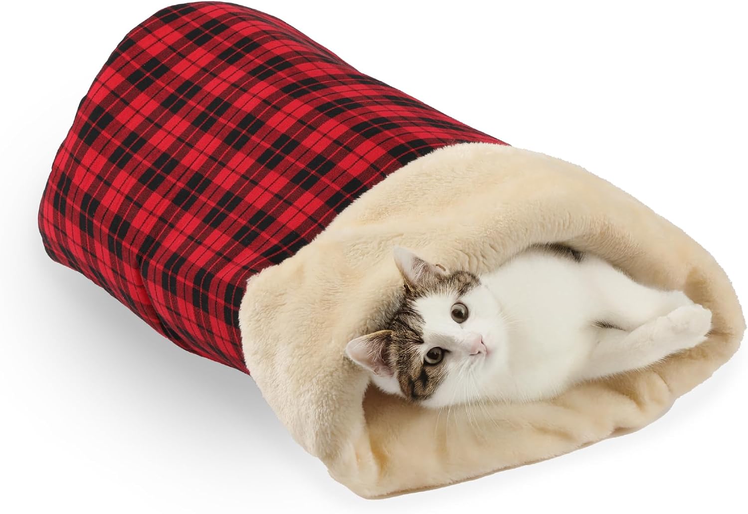 PAWSPIK Self-Warming Covered Pet Cave Bed, Red Flannel