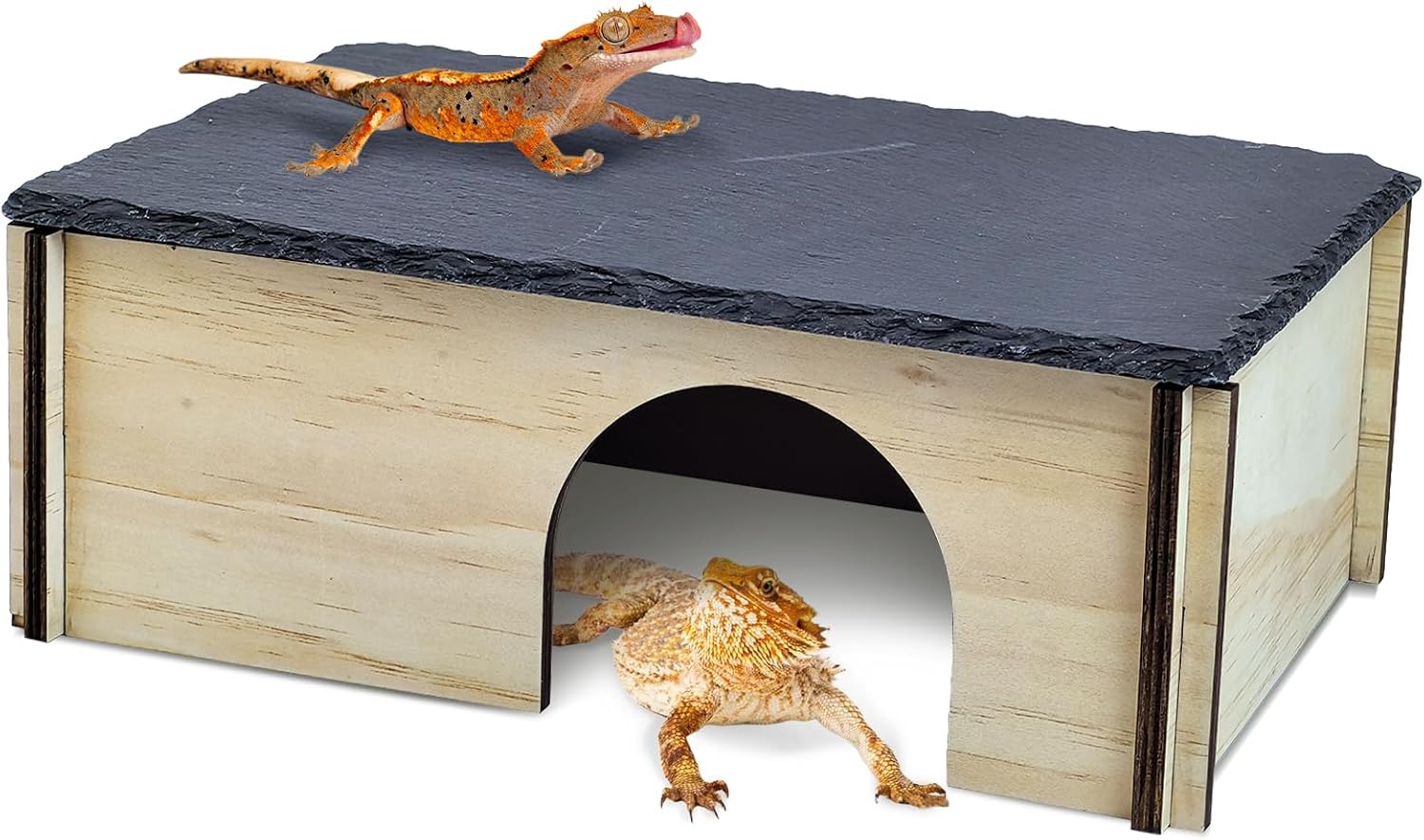 PINVNBY Large Bearded Dragon Basking Platform, Wooden Snake Hide, Ball Pythons Hide with Slate Rock, Leopard Gecko Tank Accessories for Geckos, Crested Gecko Chameleon Turtles (L: 11.8×7.87 inches)