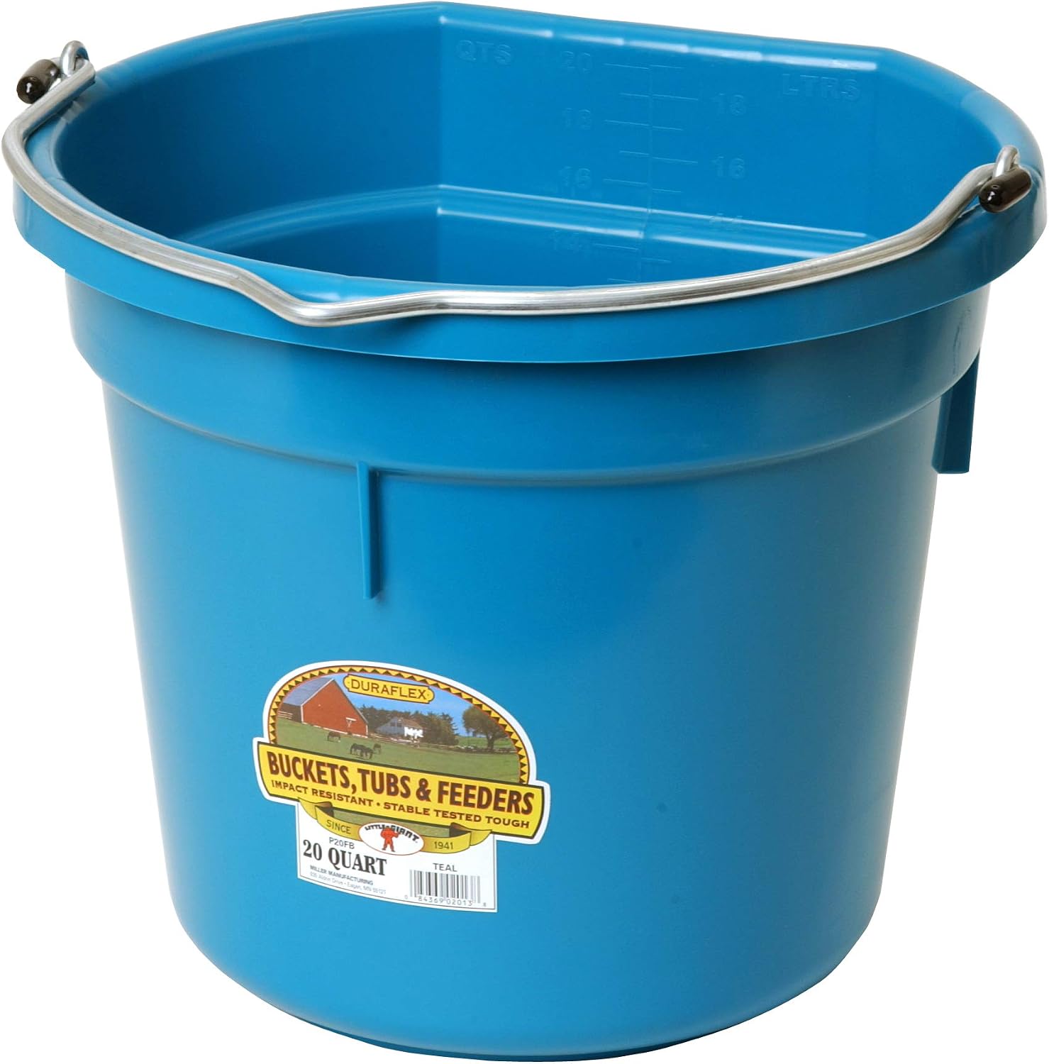 Little Giant Plastic Animal Feed Bucket (Teal) Flat Back Plastic Feed Bucket with Metal Handle (20 Quarts / 5 Gallons) (Item No. P20FBTEAL6)