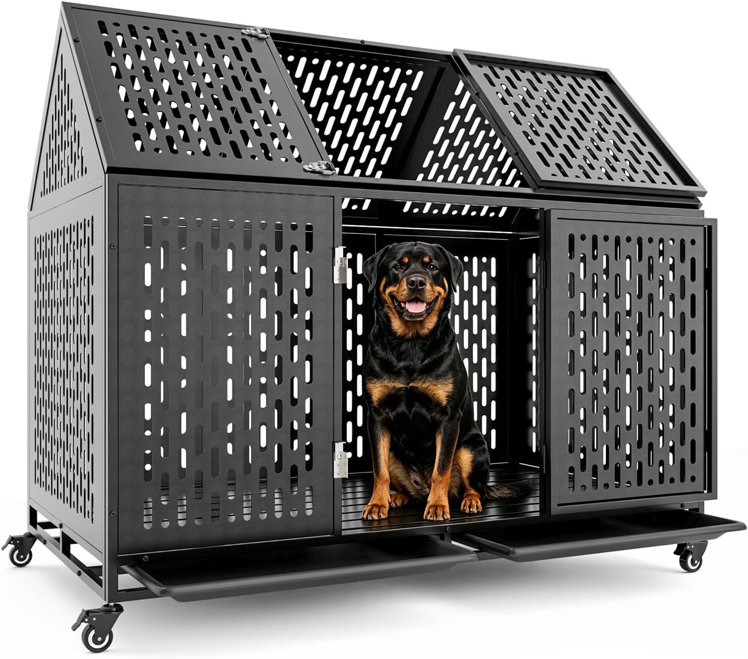 52″ Heavy Duty Dog Crate Extra Large Dog Cage, XXL Dog Cage Dog Kennel with Open Roof Top, Trays and Lockable Wheels, Escape-Proof for High Anxiety Giant Dogs